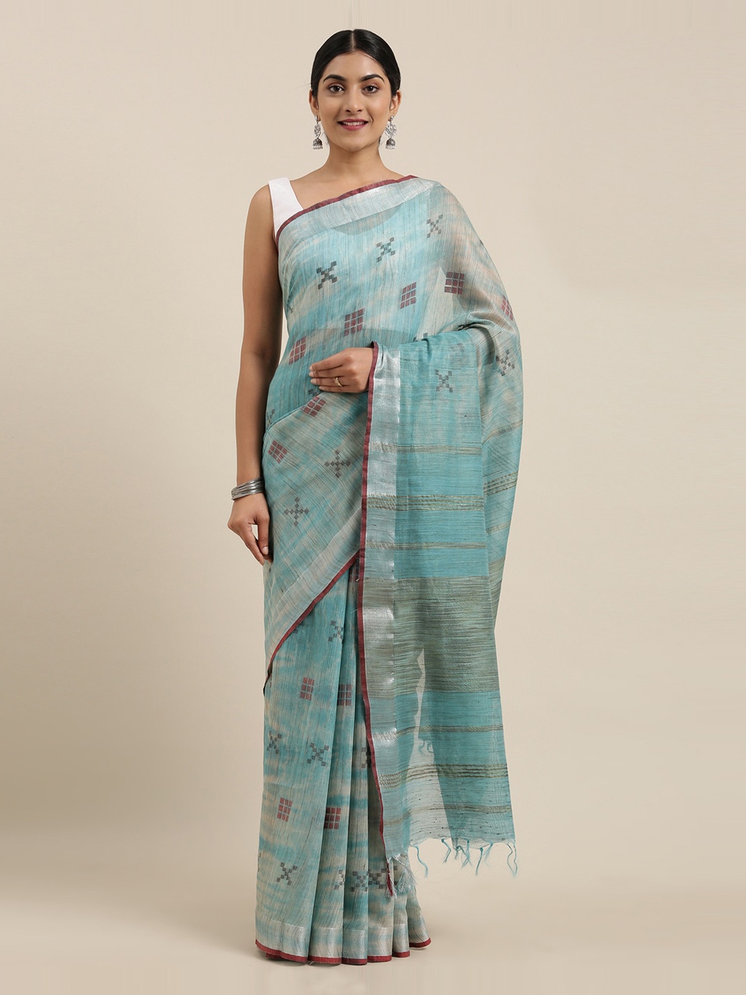 

The Chennai Silks Turquoise Blue & Brown Pure Cotton Printed Saree
