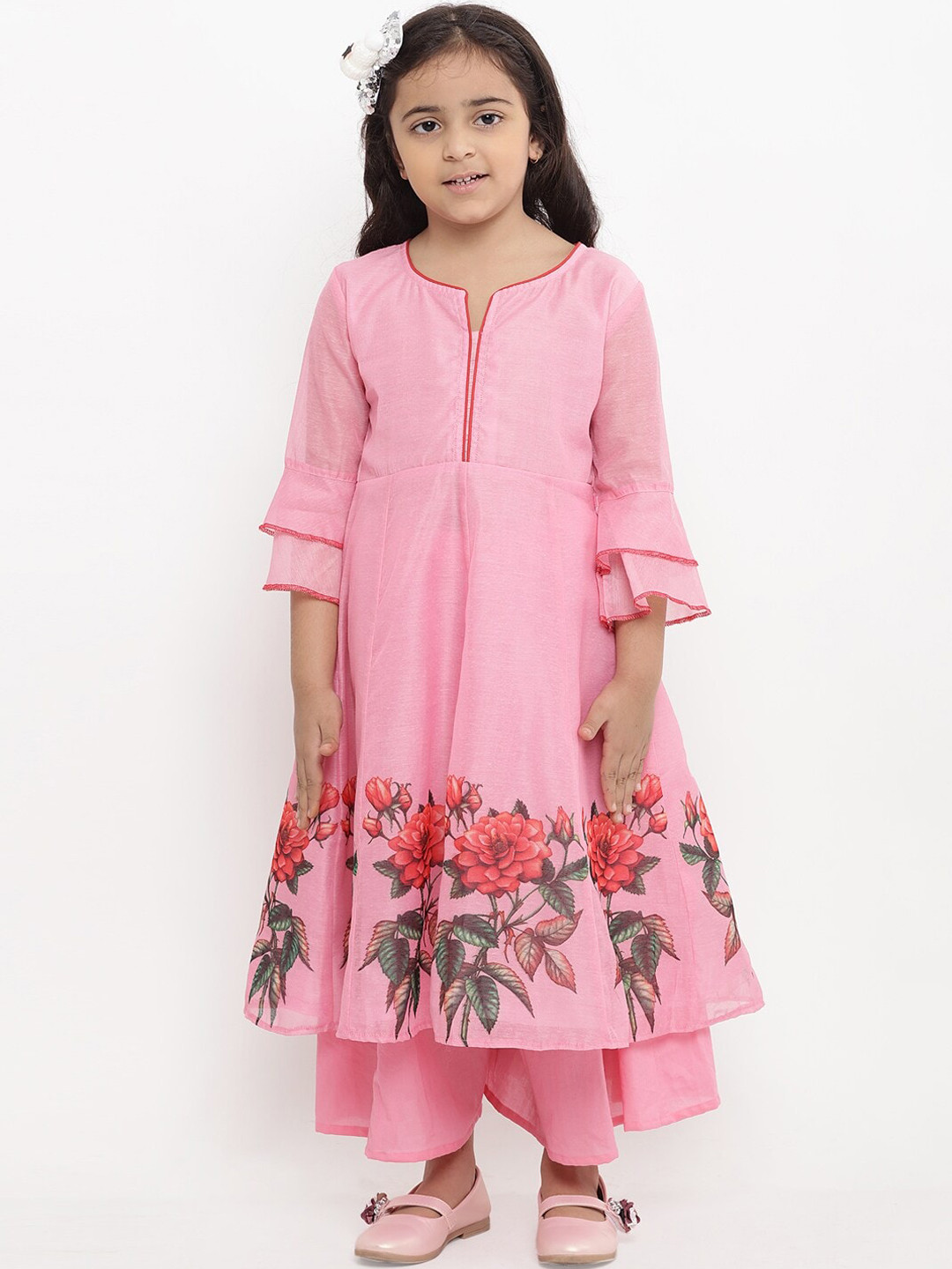

Bitiya by Bhama Girls Pink & Green Floral Embroidered Kurta with Palazzos