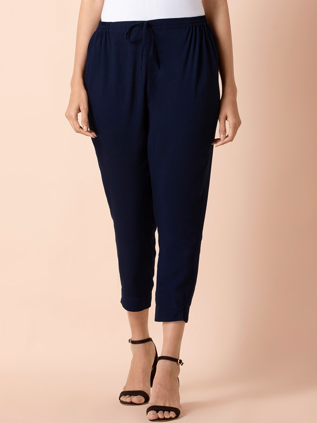 

INDYA Women Blue Straight Fit Cigarette Trousers