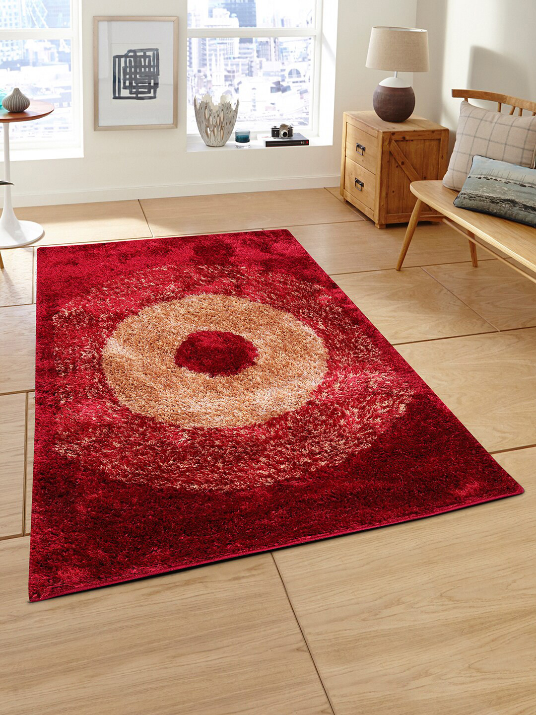 

ROMEE Maroon & Beige Geometric Circle Design Shaggy Floor Carpet