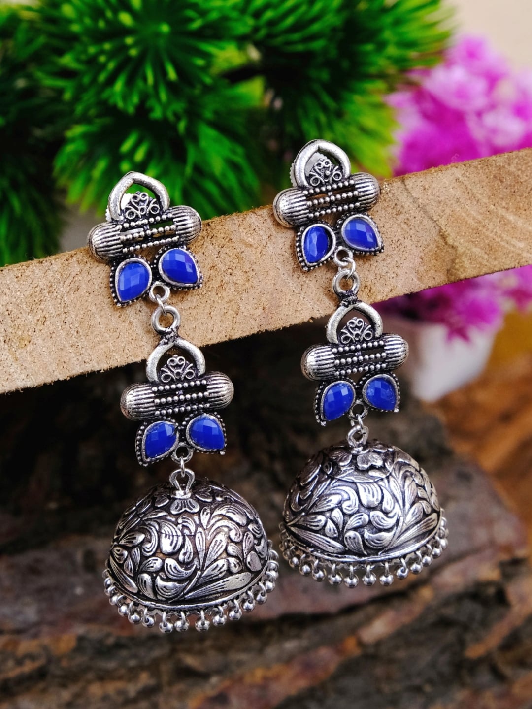 

Crunchy Fashion Oxidized Silver-Plated Blue Studded Dome Shaped Jhumkas