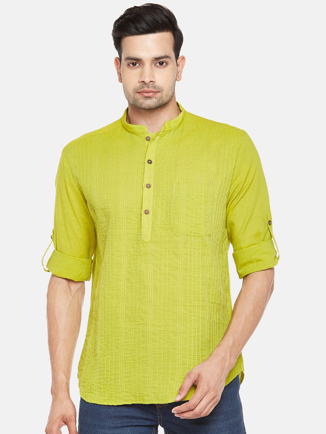 

indus route by Pantaloons Men Lime Green Thread Work Kurta