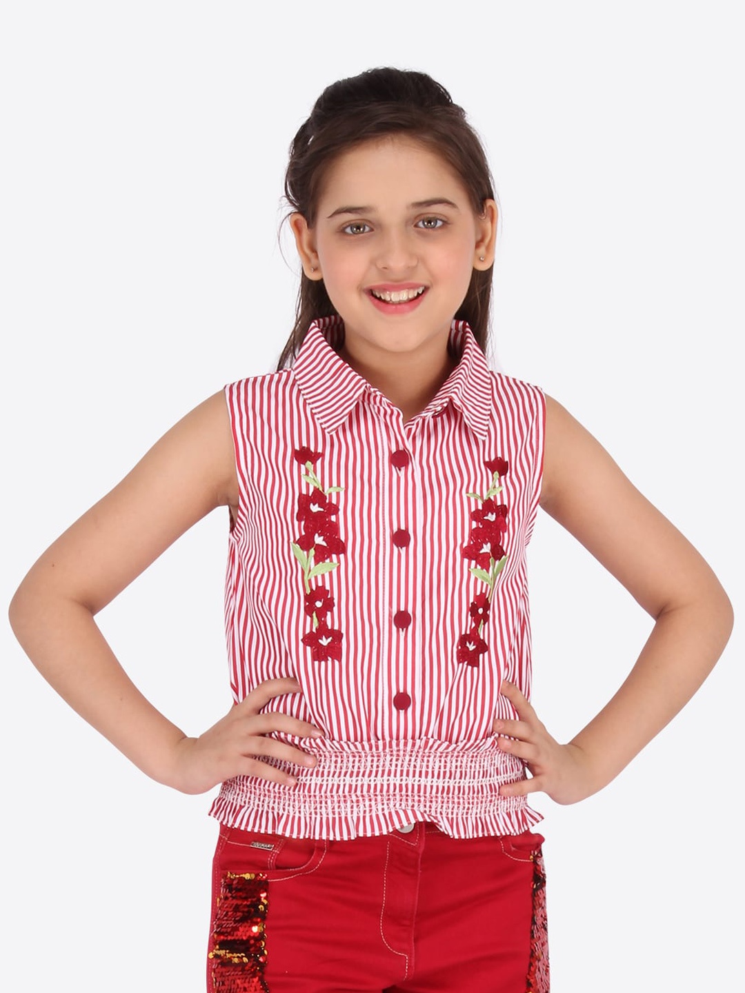 

CUTECUMBER Red & White Striped Blouson Top