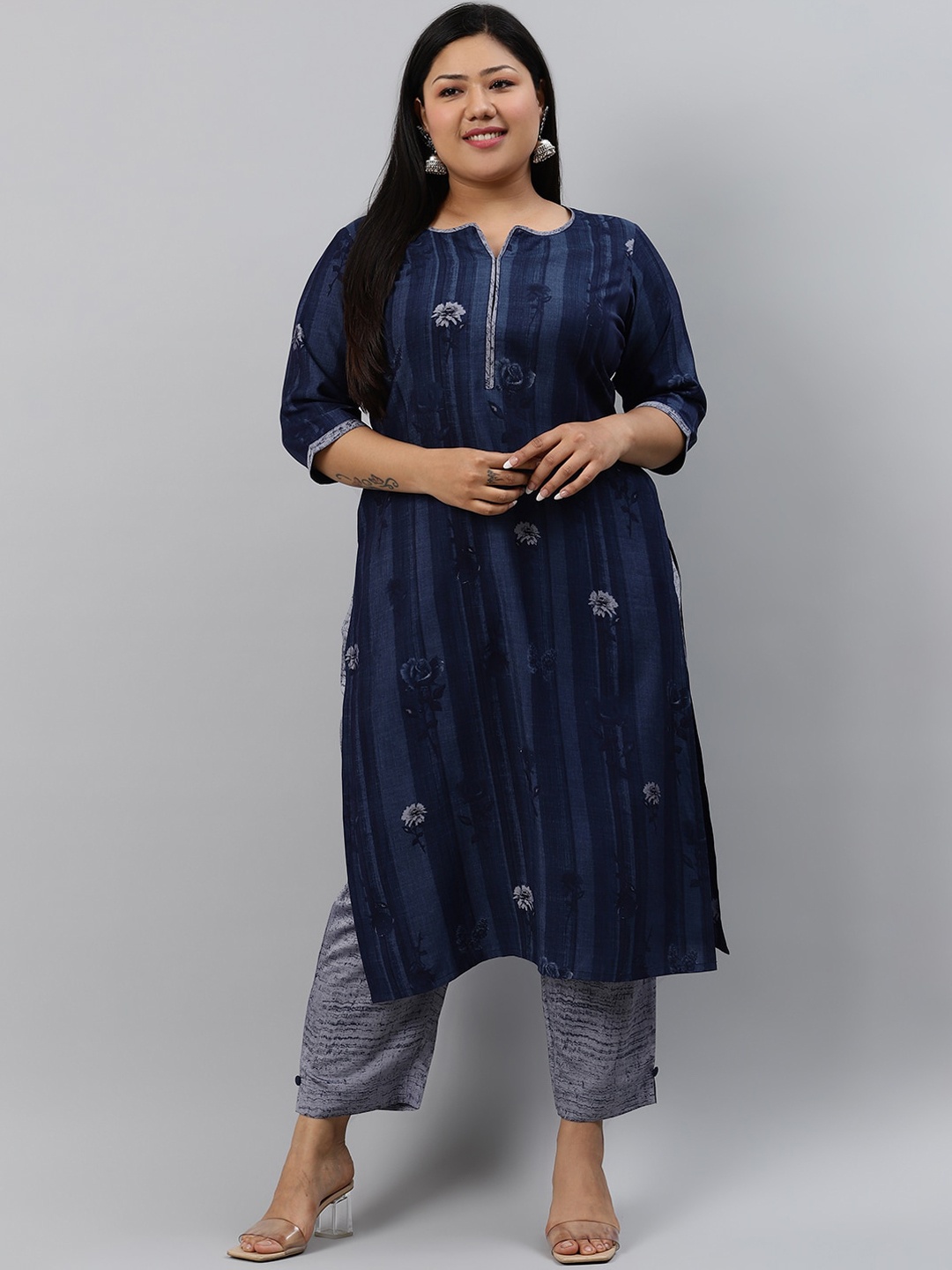 

EXTRA LOVE BY LIBAS Women Blue Floral Printed Kurta with Trousers
