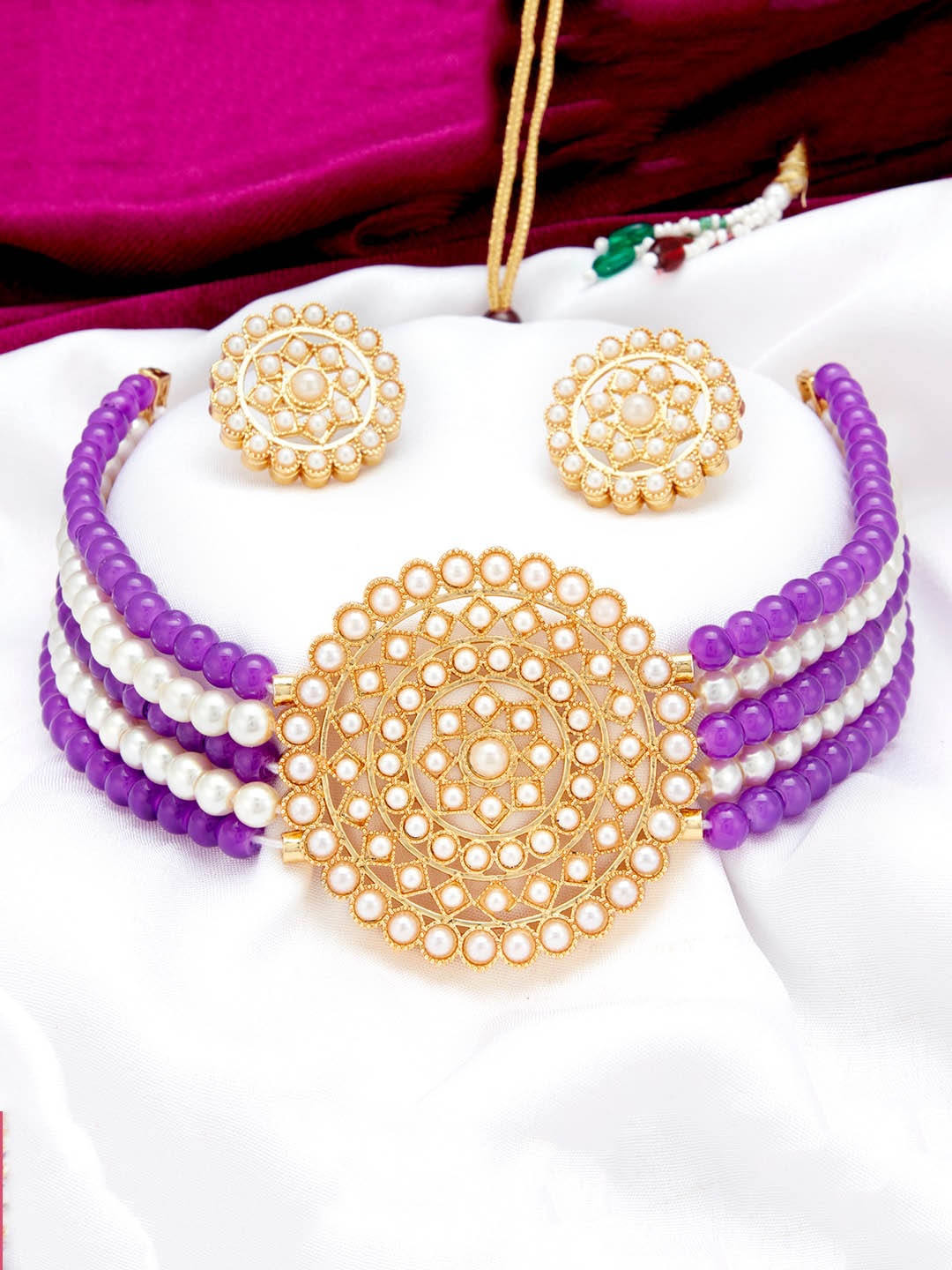 Sukkhi Gold-Plated Purple & White Pearl-Studded Beaded Sustainable Jewellery Set