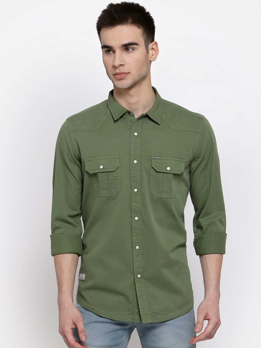 

Pepe Jeans Men Olive Green Pure Cotton Regular Fit Solid Casual Shirt