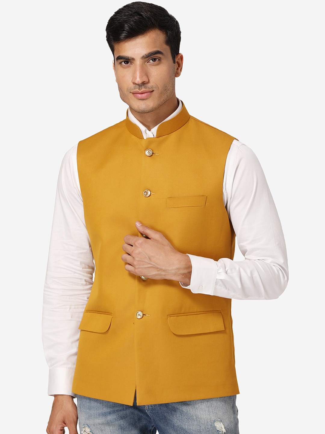 

Wintage Men Mustard Yellow Solid Nehru Jacket