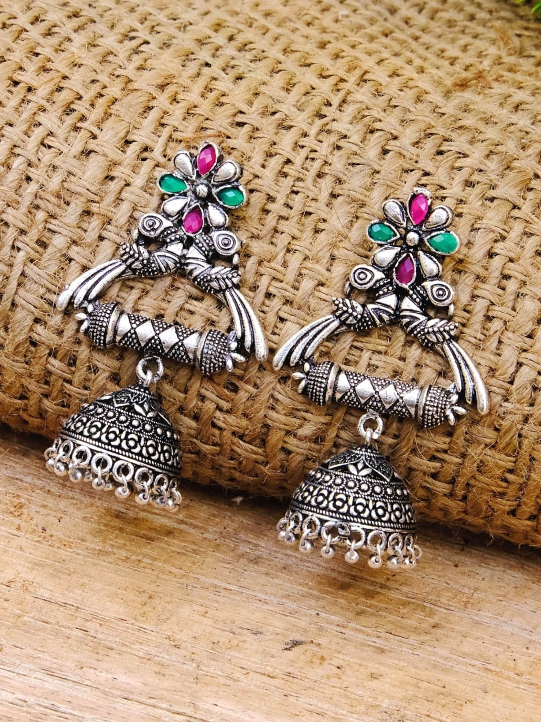 

Crunchy Fashion Oxidized Silver-Plated Pink & Green Studded Dome Shaped Jhumkas