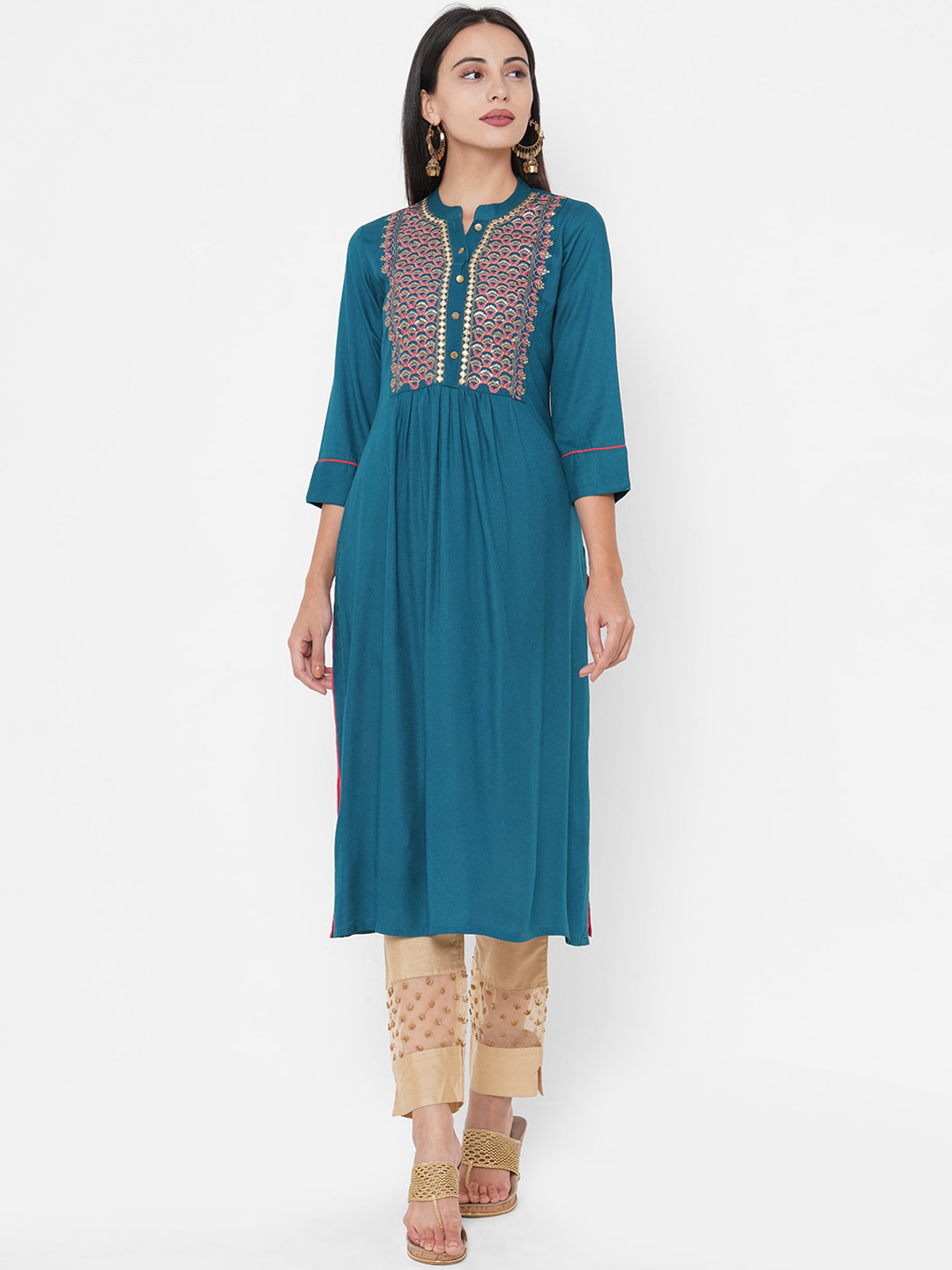 

FASHOR Women Teal Blue Ethnic Motifs Embroidered Kurta