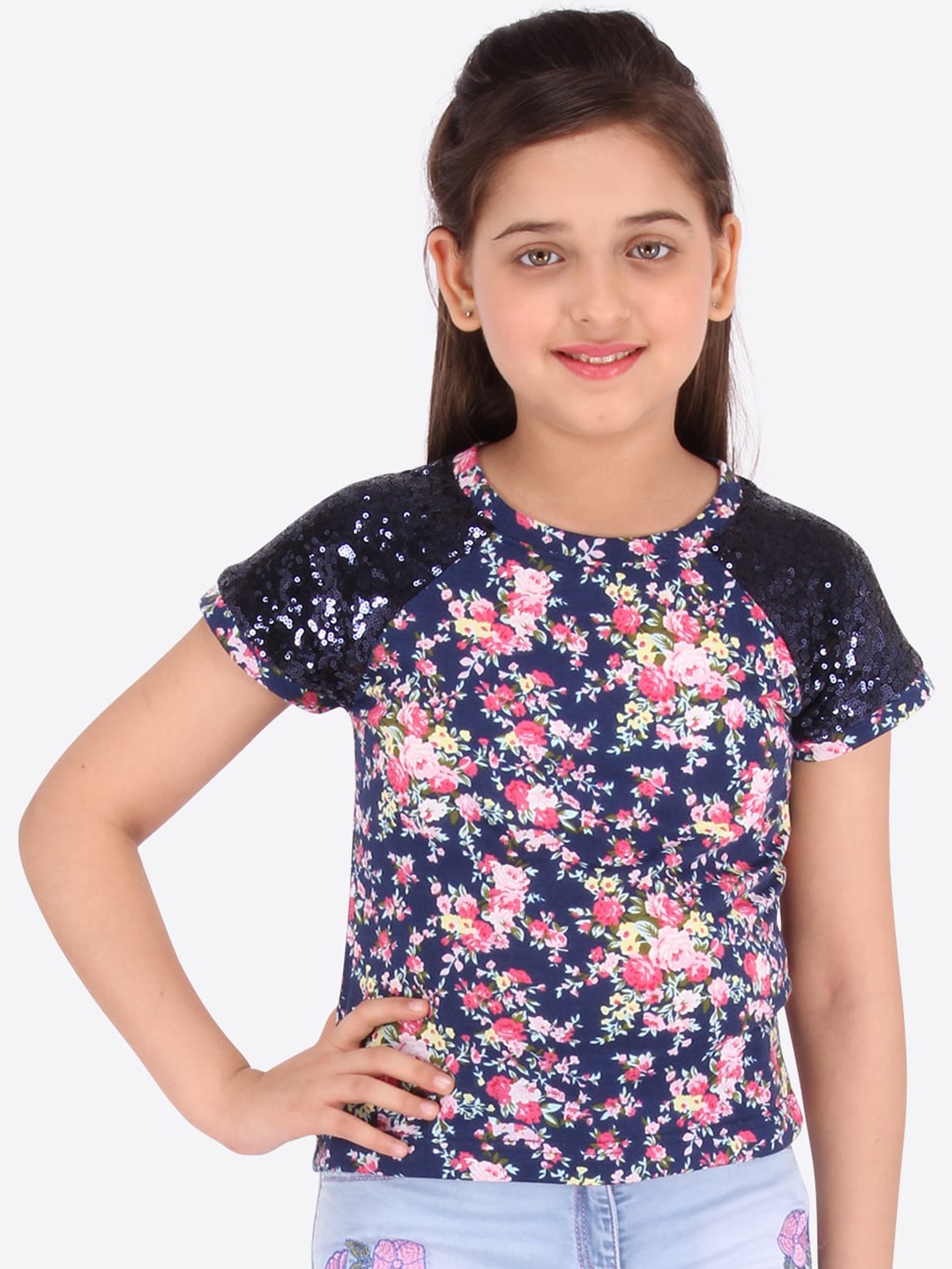 

CUTECUMBER Navy Blue & Pink Floral Printed Regular Top