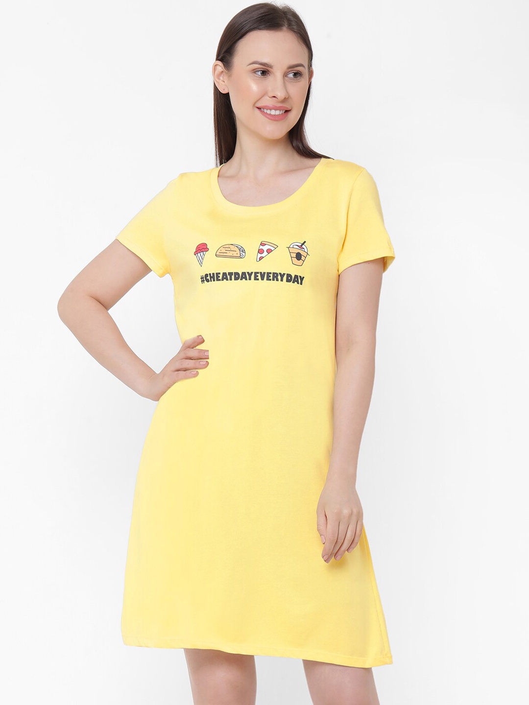 Soie Women Yellow & Black Printed Sleep Shirt