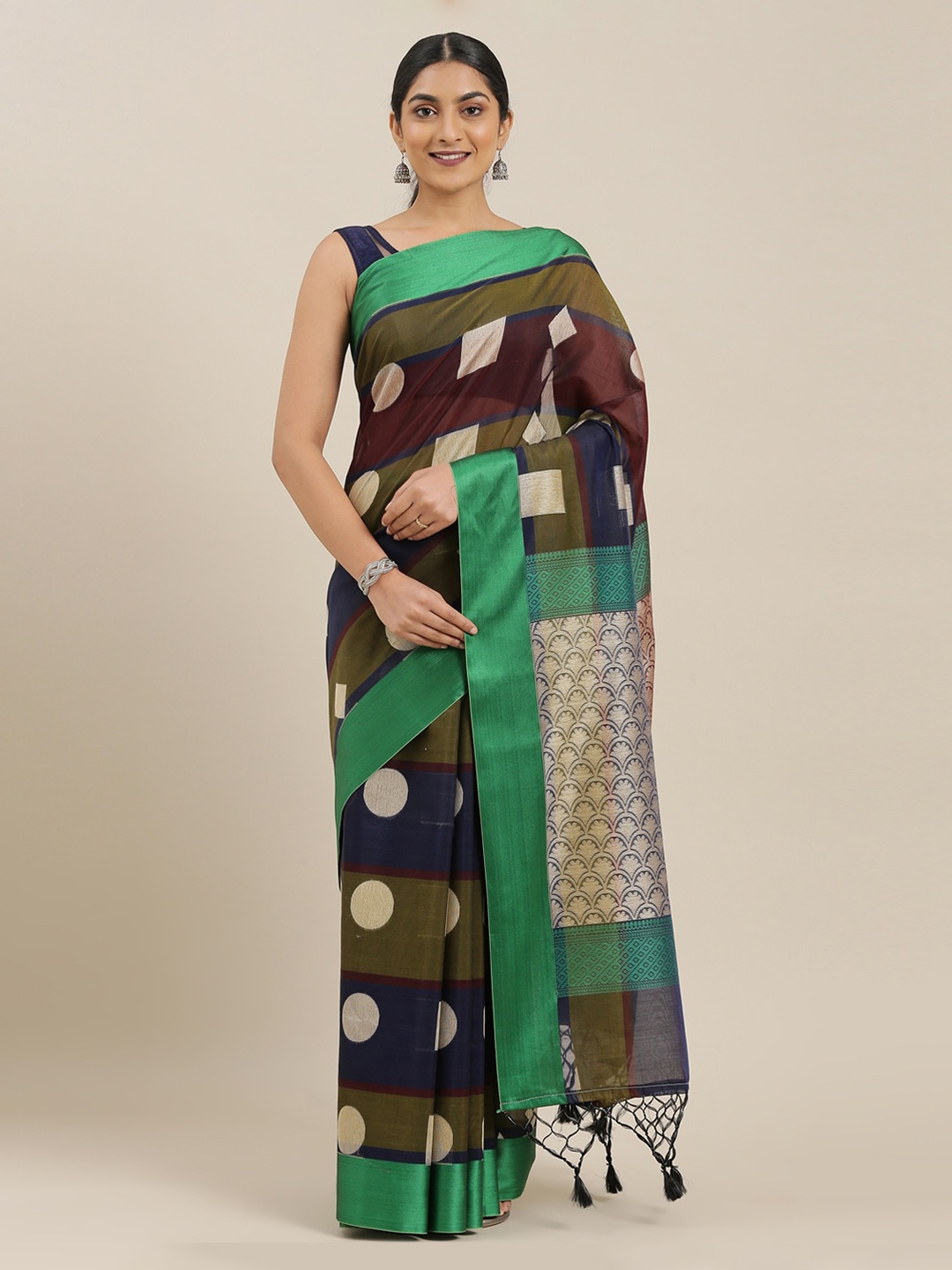 

The Chennai Silks Maroon & Blue Silk Cotton Printed Maheshwari Saree