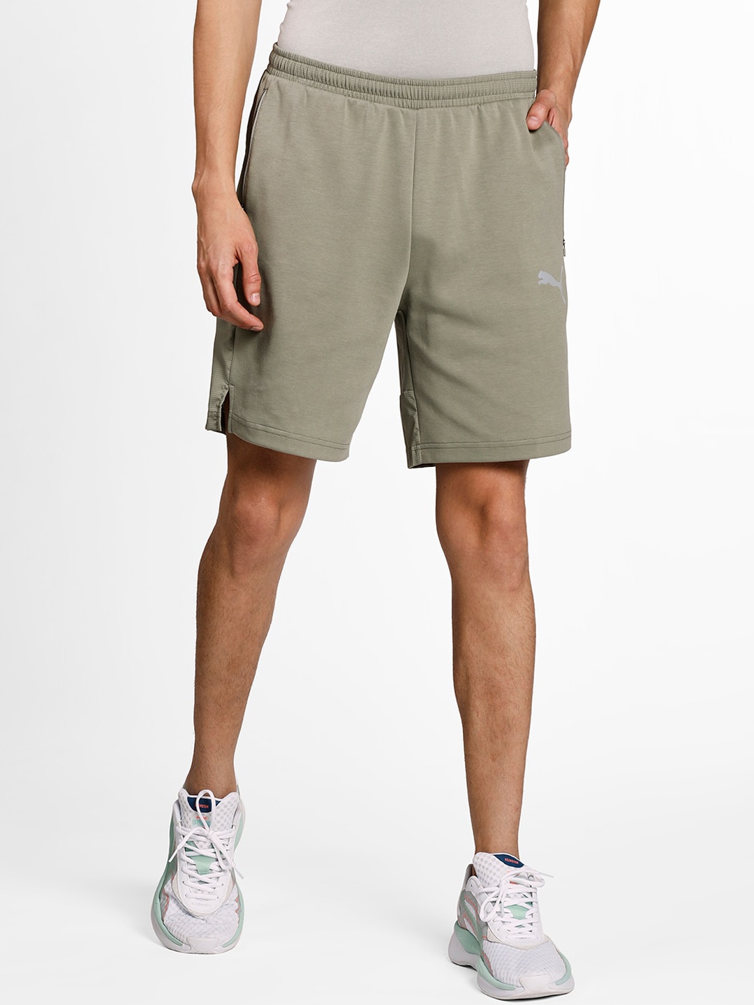 

Puma Men Olive Green Solid Slim Fit Cotton Sports Shorts