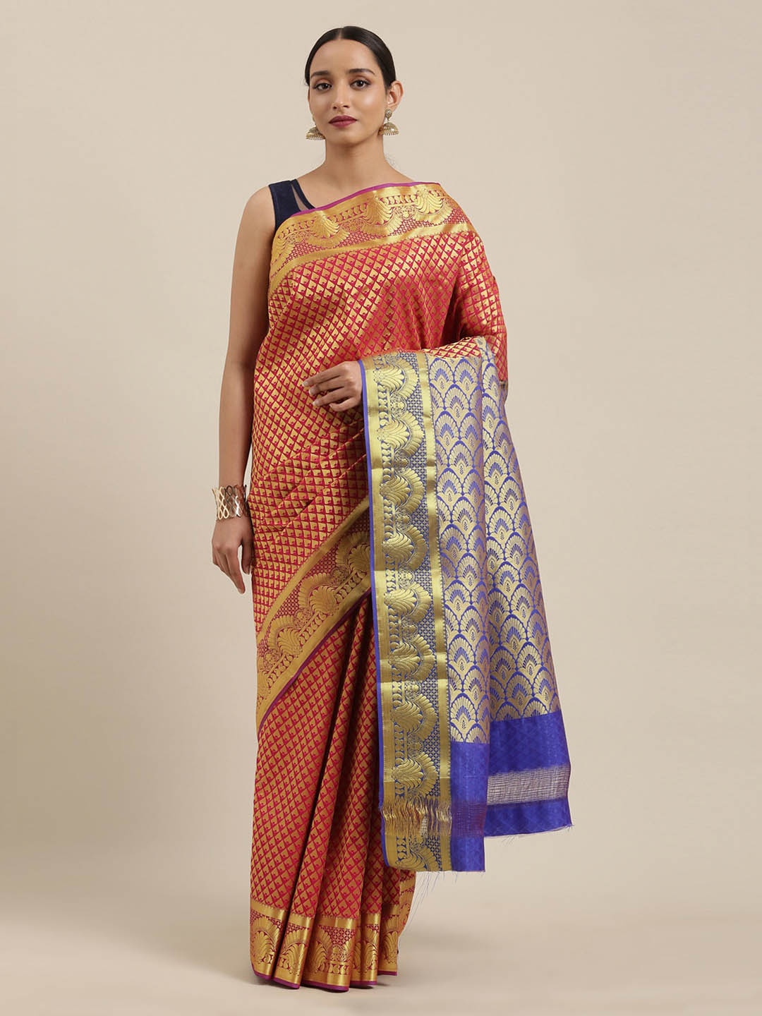 

The Chennai Silks Red & Gold-Toned Art Silk Woven Design Saree