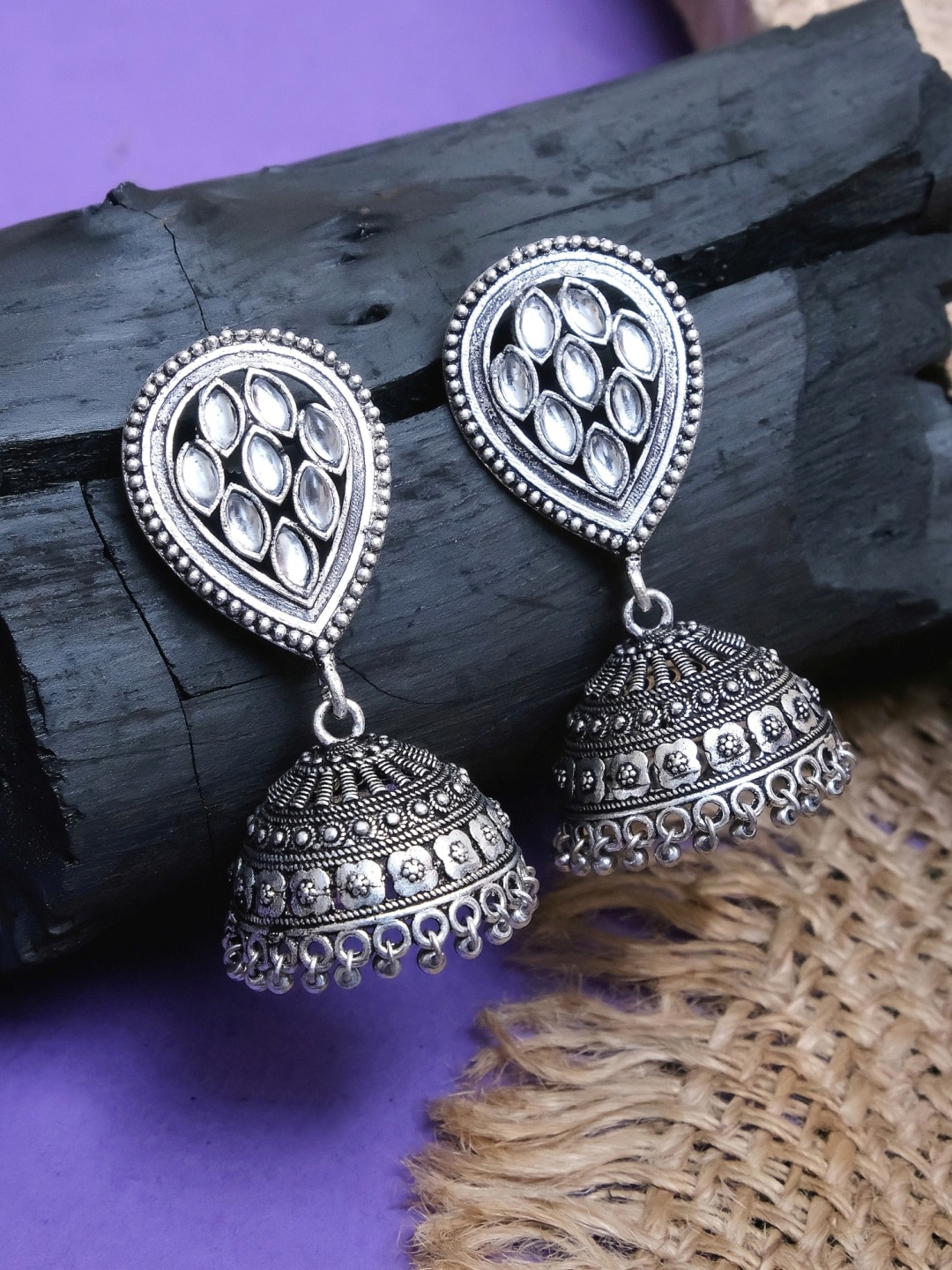 

Crunchy Fashion Oxidized Silver-Plated White Studded Dome Shaped Jhumkas