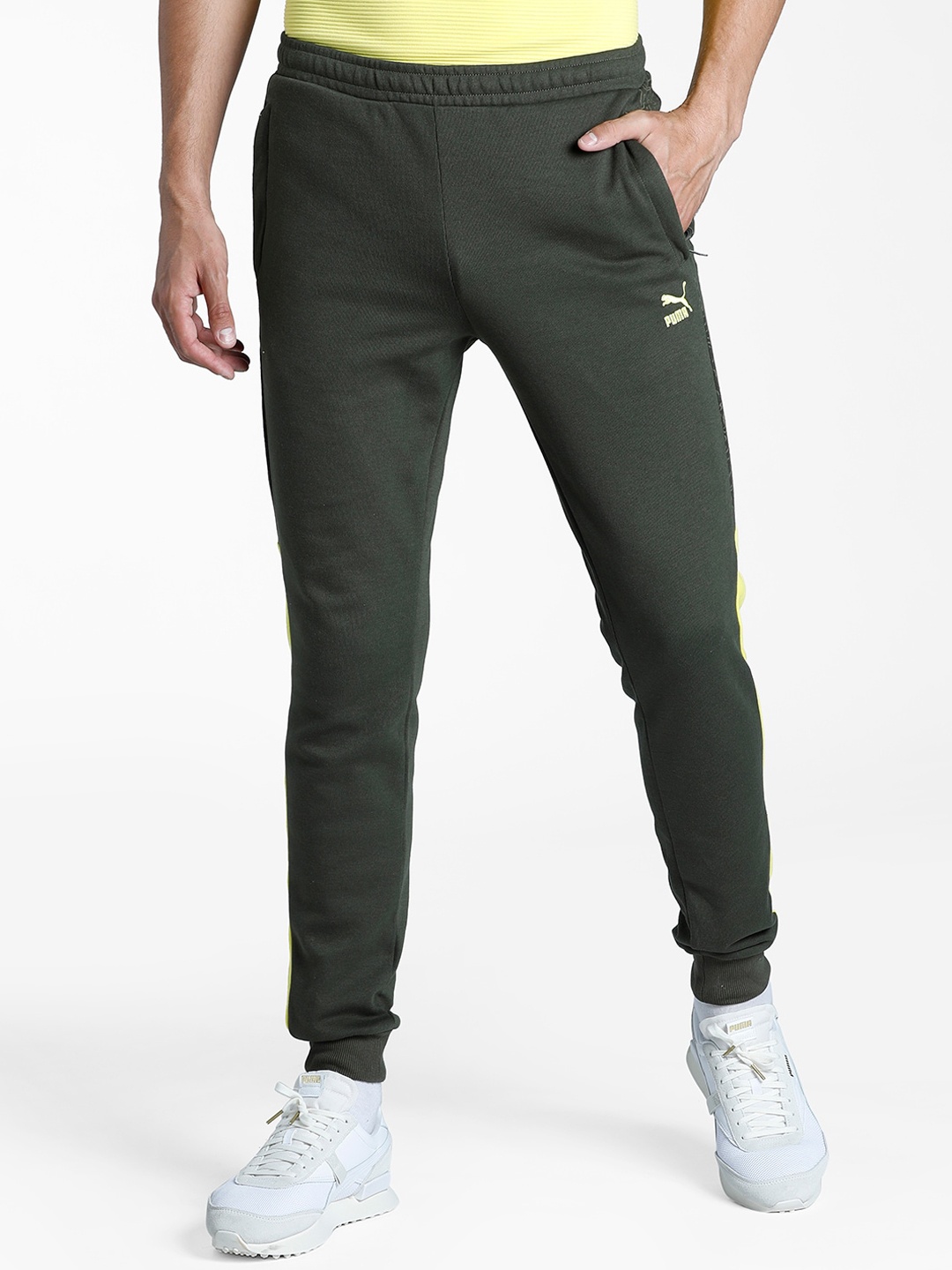 Puma Men Olive Solid Slim-Fit Panel Joggers