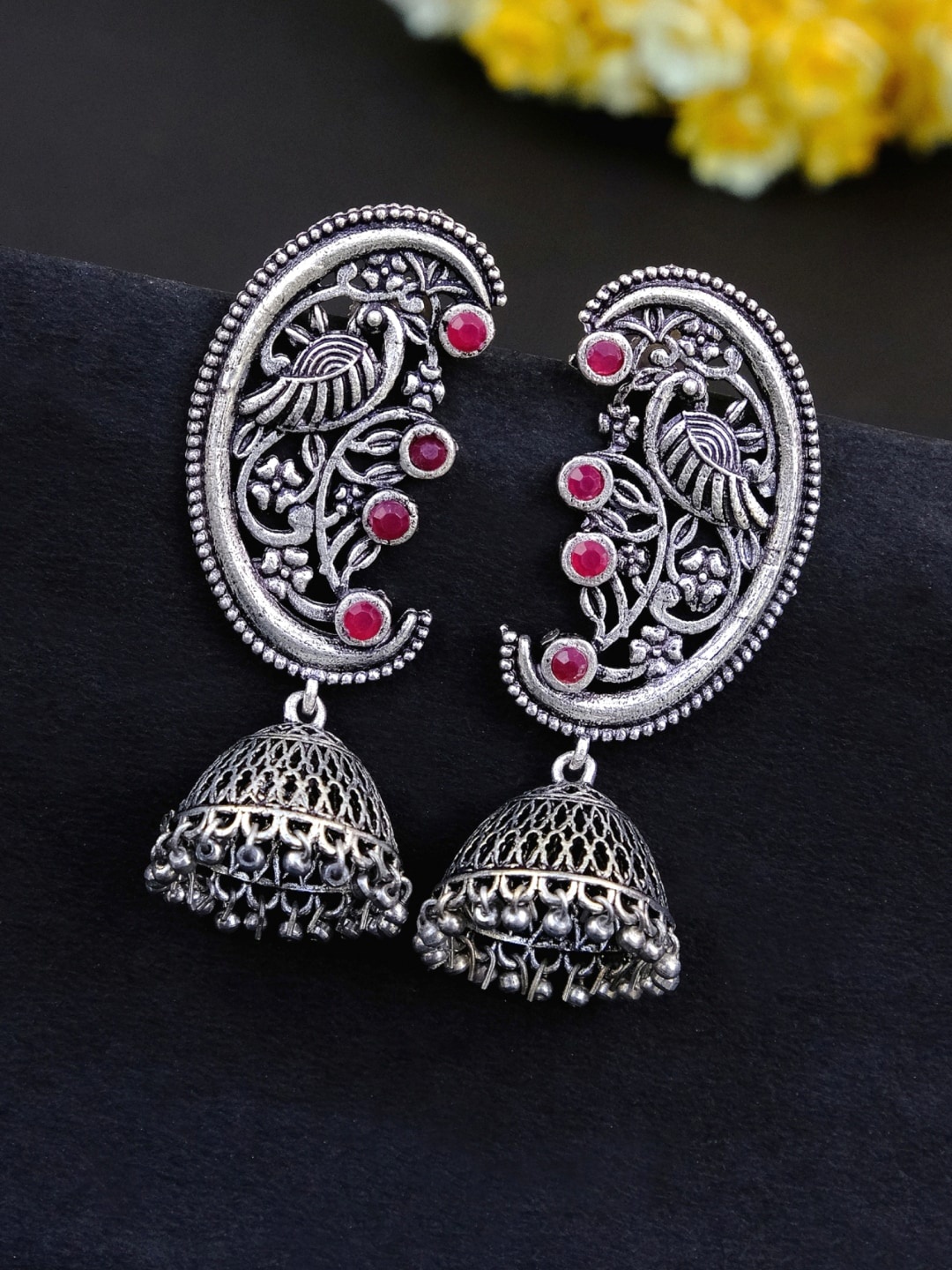 

Crunchy Fashion Oxidized Silver-Plated Pink Studded Dome Shaped Jhumkas