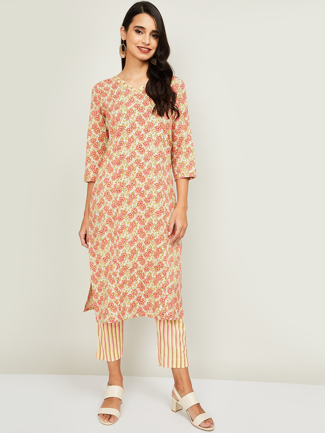 

Melange by Lifestyle Women Pink & Yellow Printed Kurta with Trousers