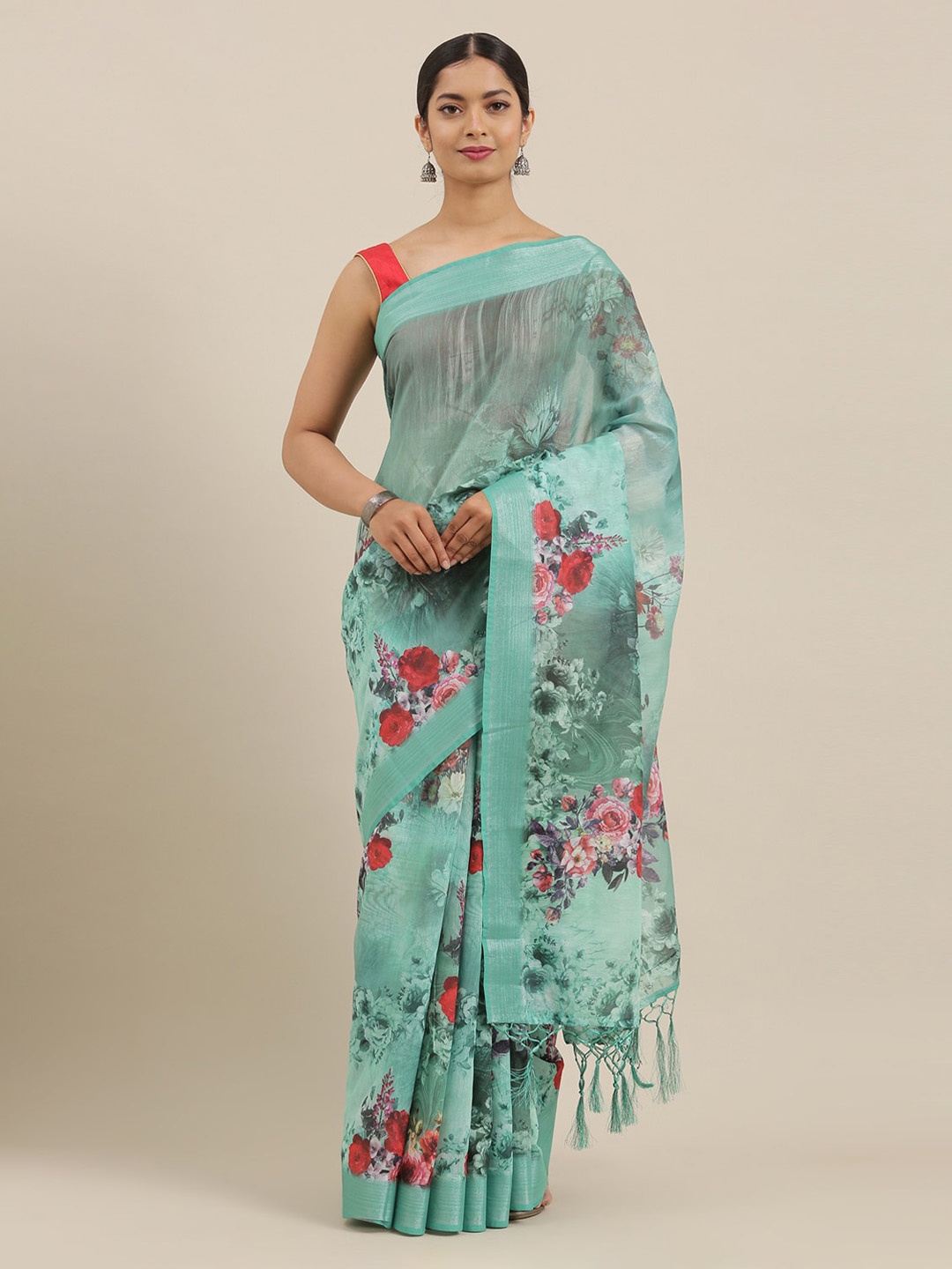 

The Chennai Silks Green Printed Linen Blend Saree