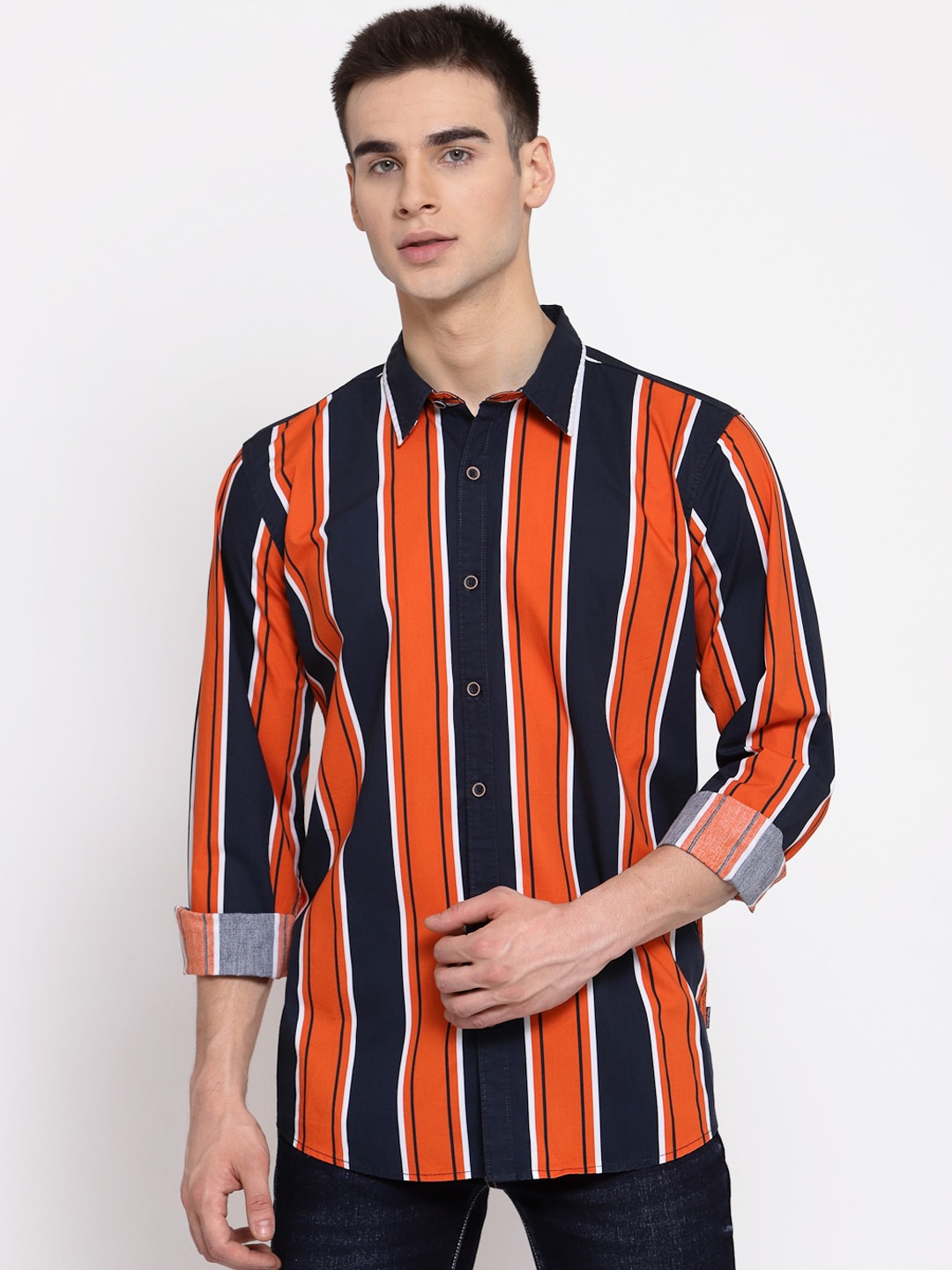 

Pepe Jeans Men Orange Pure Cotton Regular Fit Striped Casual Shirt