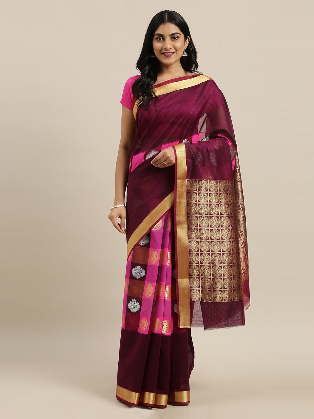 

The Chennai Silks Burgundy Silk Cotton Woven Design Maheshwari Saree