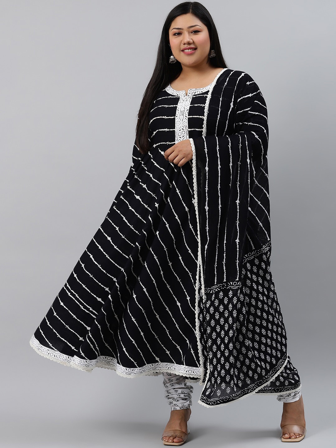 

EXTRA LOVE BY LIBAS Women Plus Size Black Striped Kurta with Churidar & Dupatta