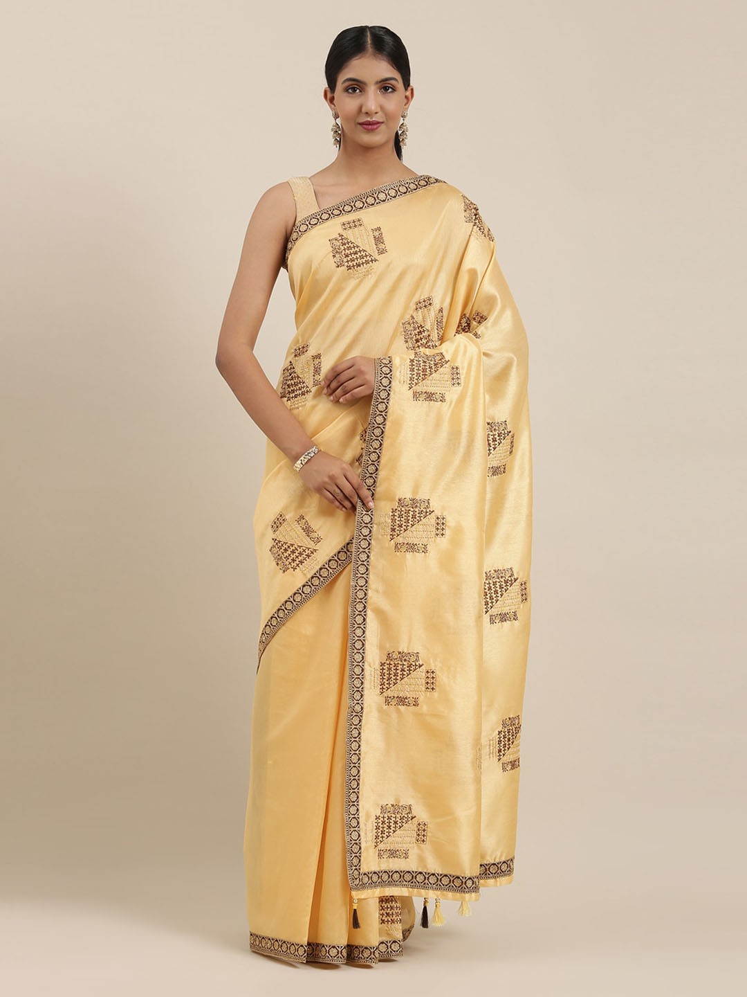 

The Chennai Silks Cream-Coloured Viscose Rayon Embroidered Banarasi Saree