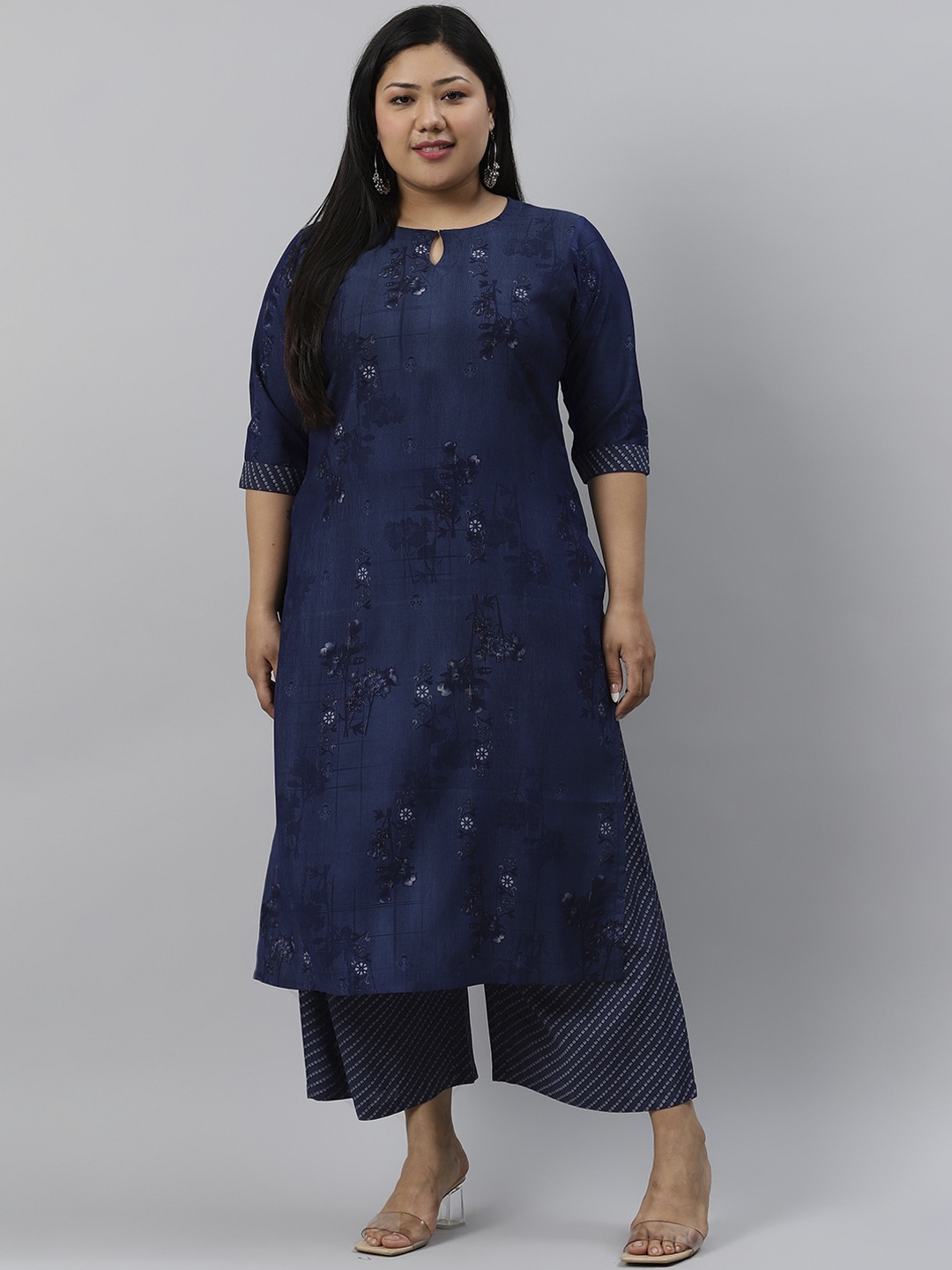 

EXTRA LOVE BY LIBAS Women Plus Size Blue & Off-White Printed Kurta with Palazzos