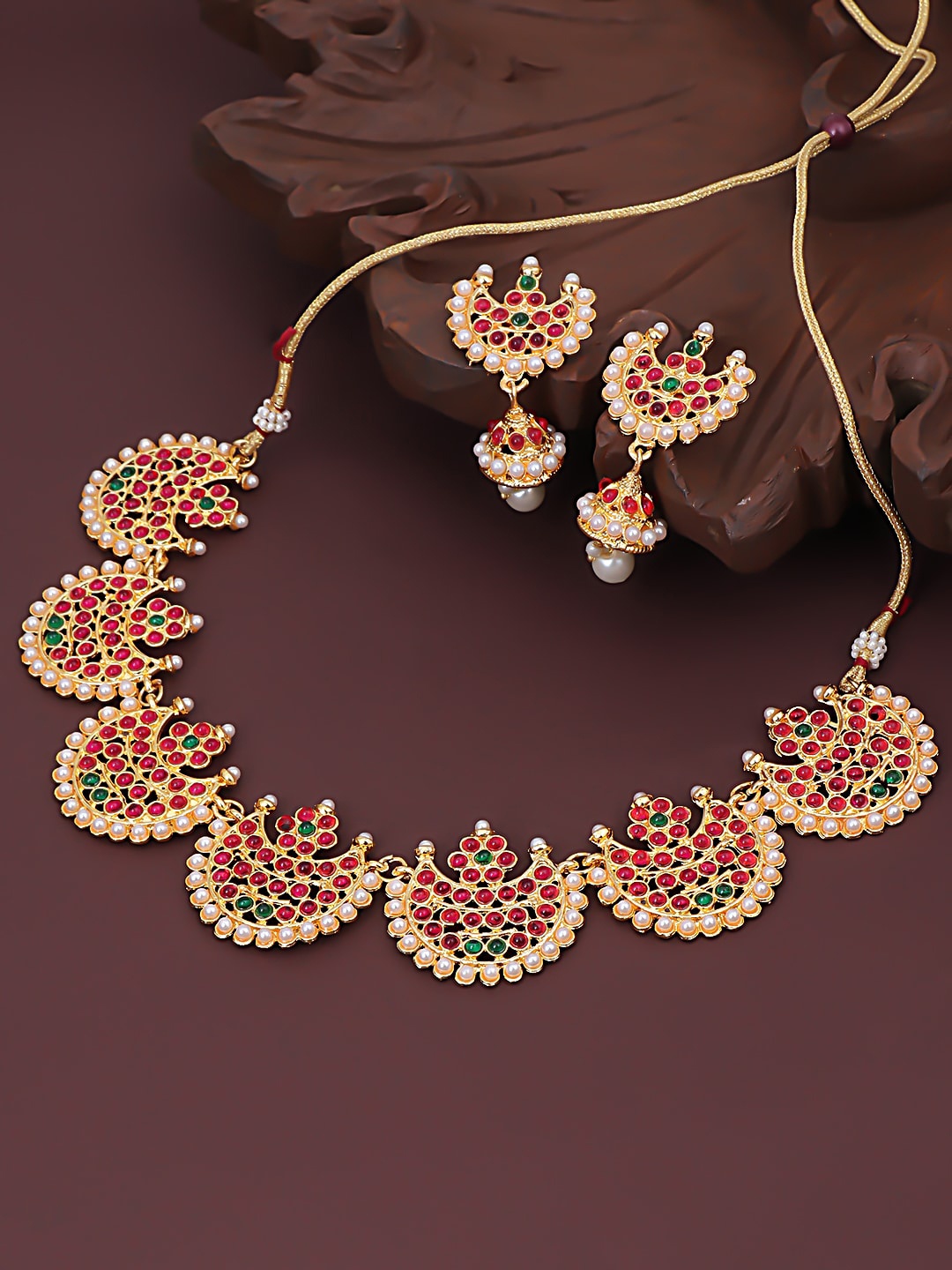 Sukkhi Gold-Plated Pink & Green Pearl-Studded Sustainable Sparkling Jewellery Set