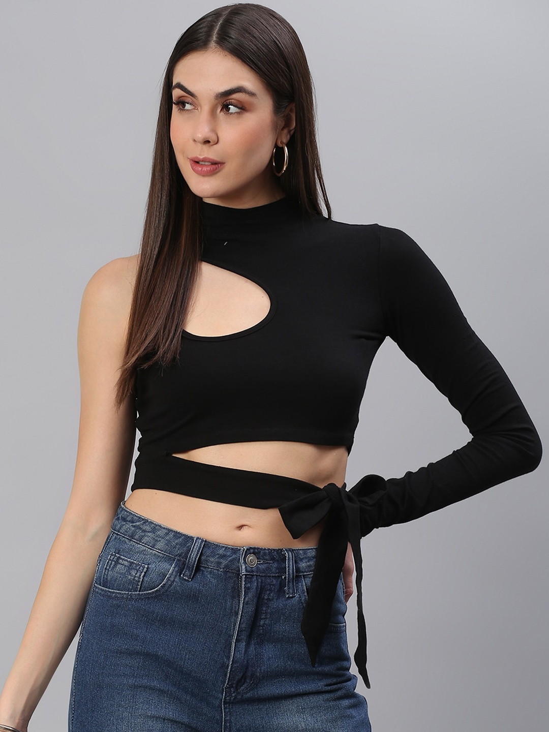 

Cation Black High Neck Fitted Crop Top