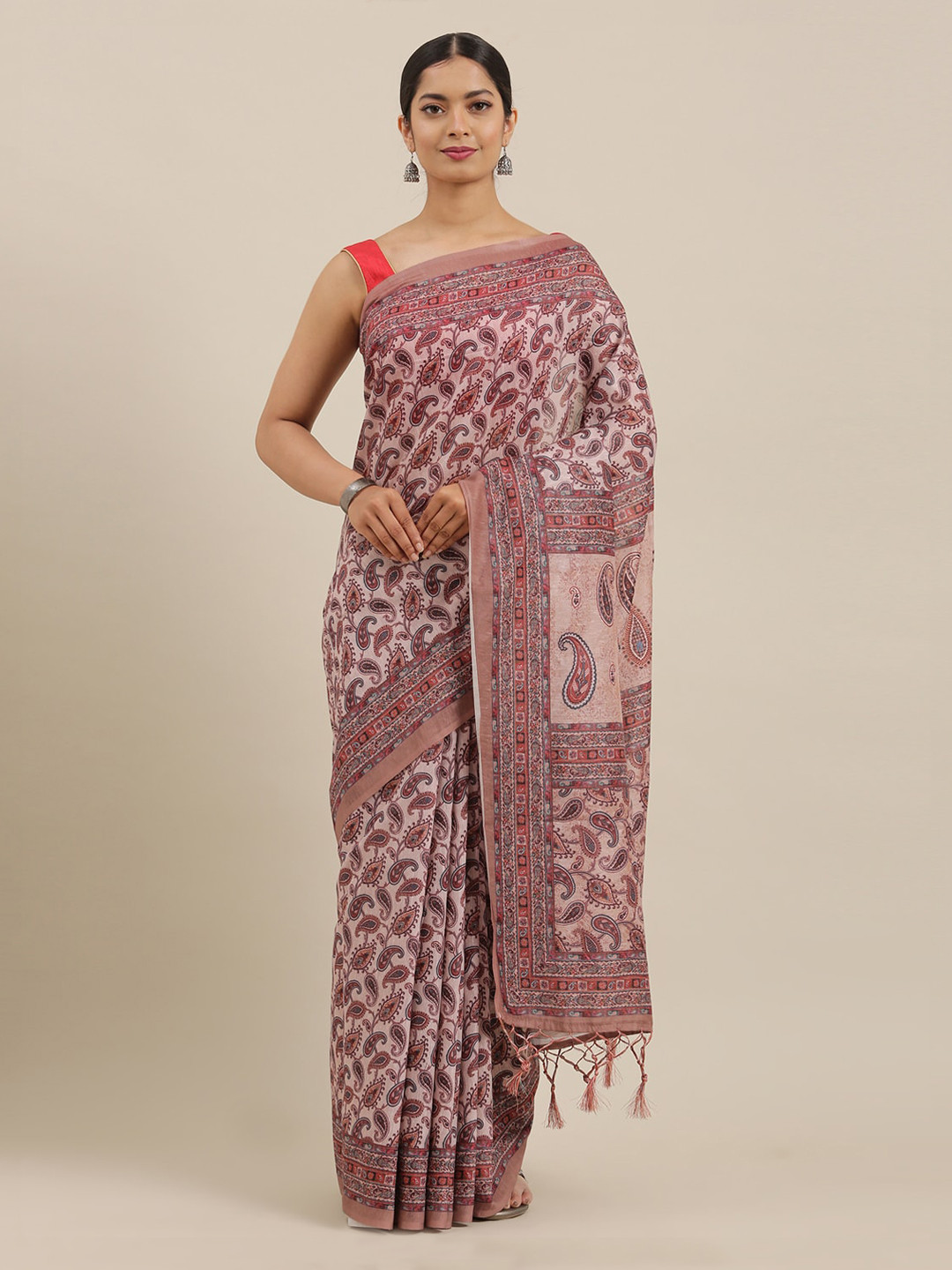 

The Chennai Silks Beige Printed Linen Blend Saree