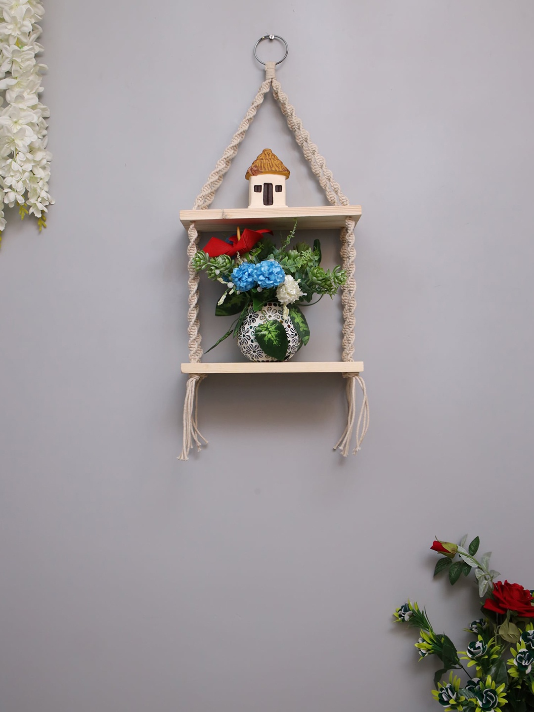 Homesake Beige Woven 2 Tier Macrame Wall Hanging Floating Storage Shelf