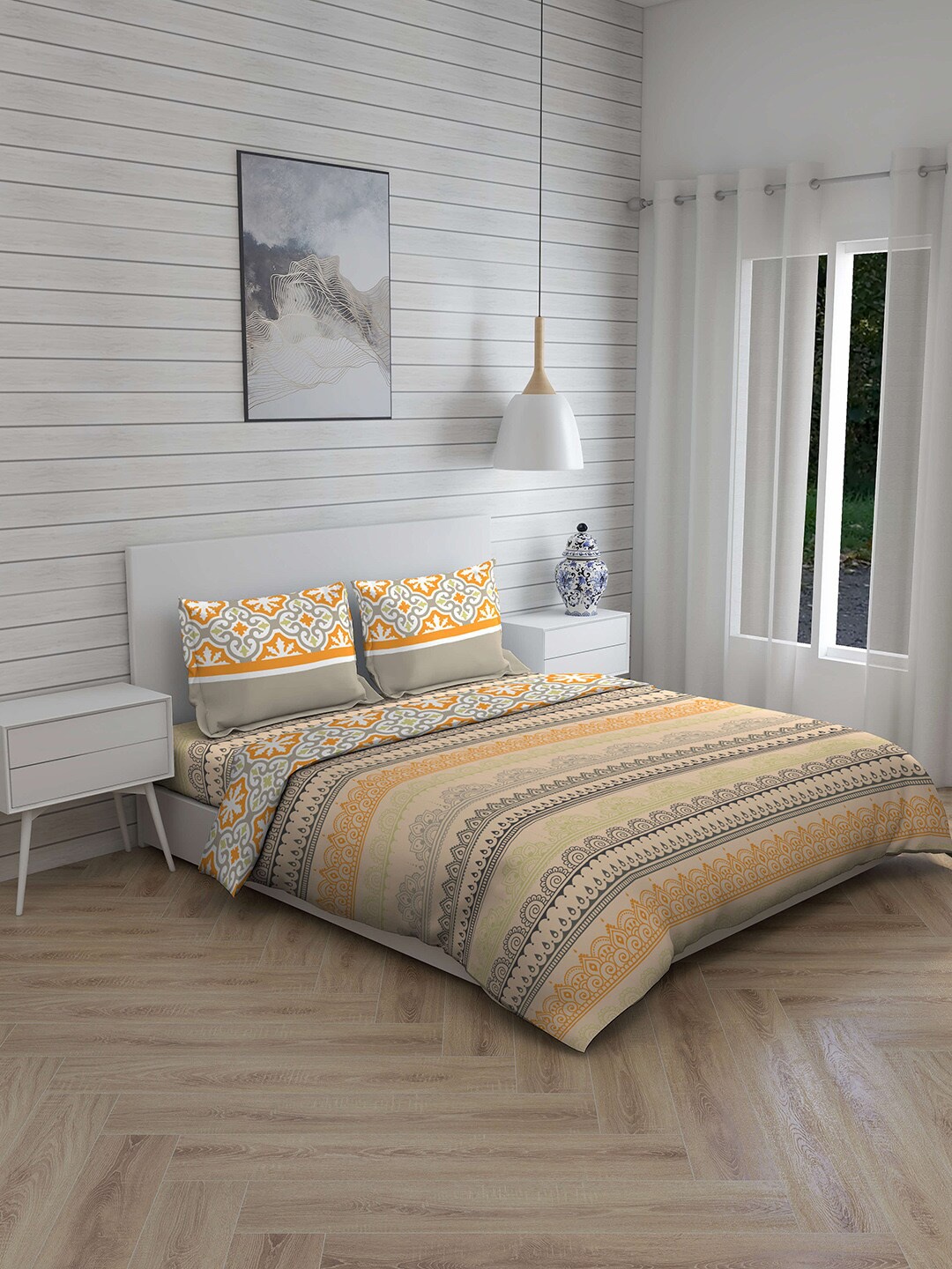 

Layers Beige & Mustard Yellow Printed 148 TC Double King Bedding Set