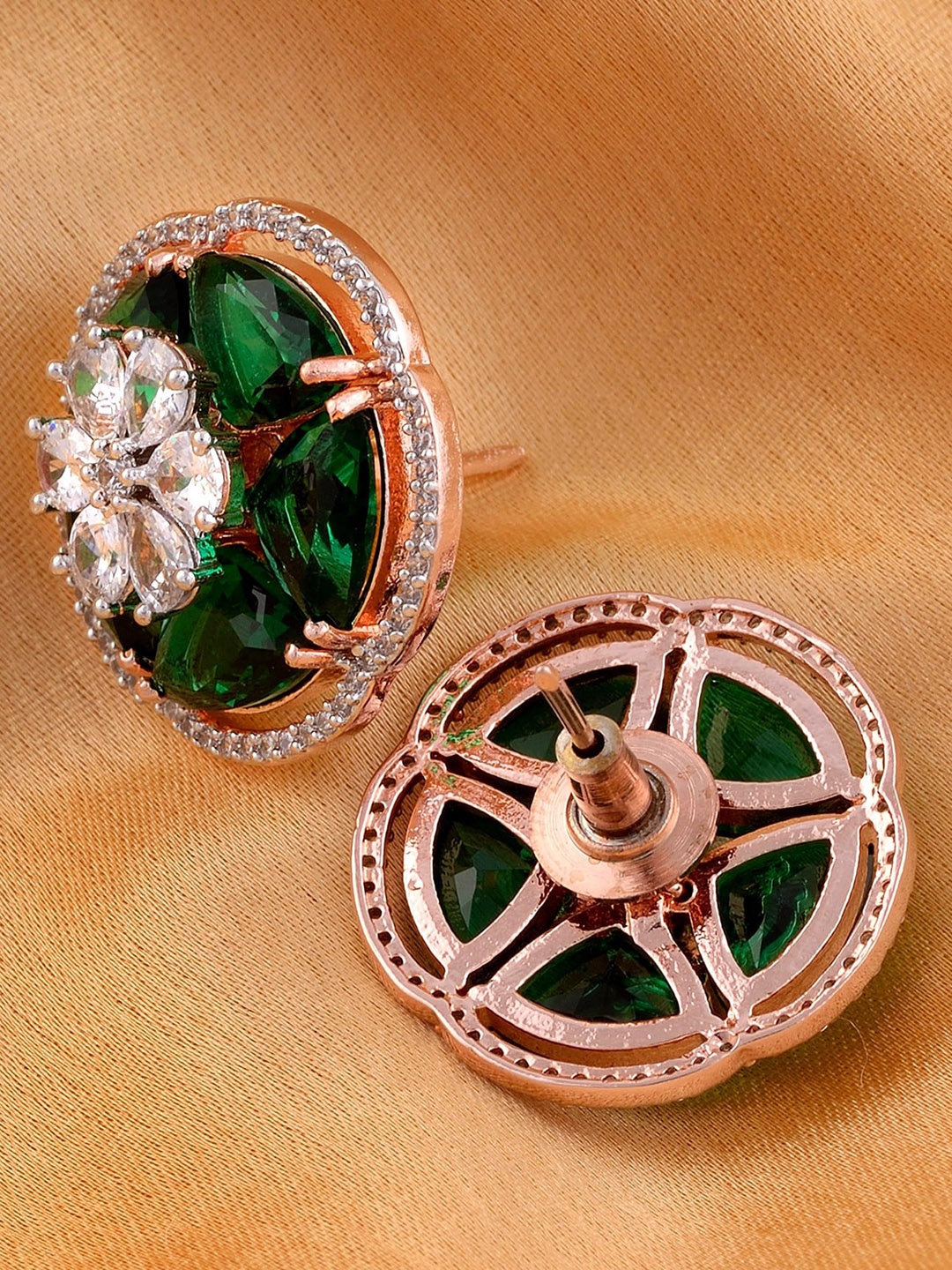 

Saraf RS Jewellery Green & Rose Gold Plated American Diamond Studs