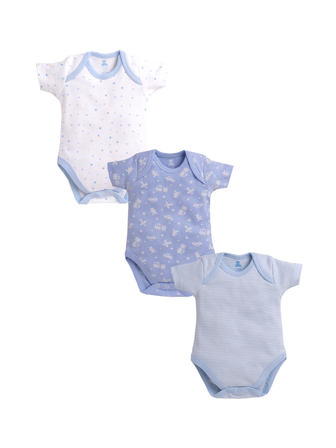 i bears Kids Pack Of 3 Cotton Printed Bodysuits, Blue