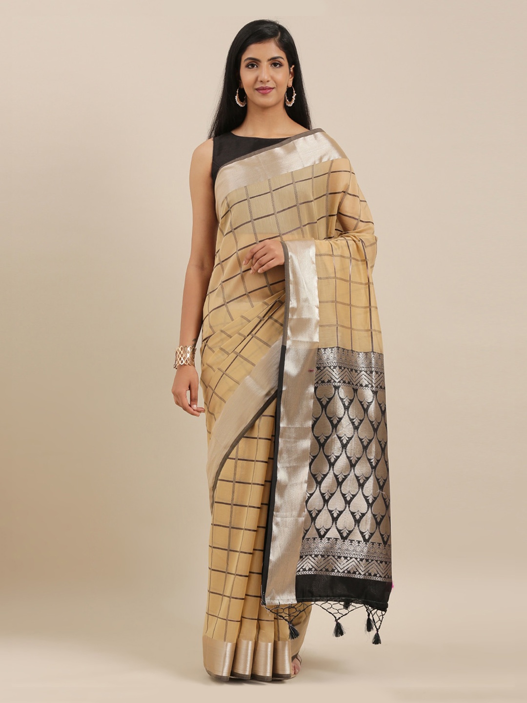 

The Chennai Silks Khaki & Black Silk Cotton Checked Maheshwari Saree