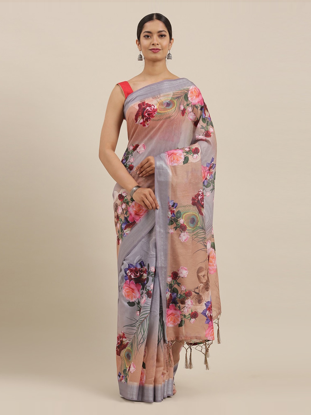 

The Chennai Silks Grey Printed Linen Blend Saree