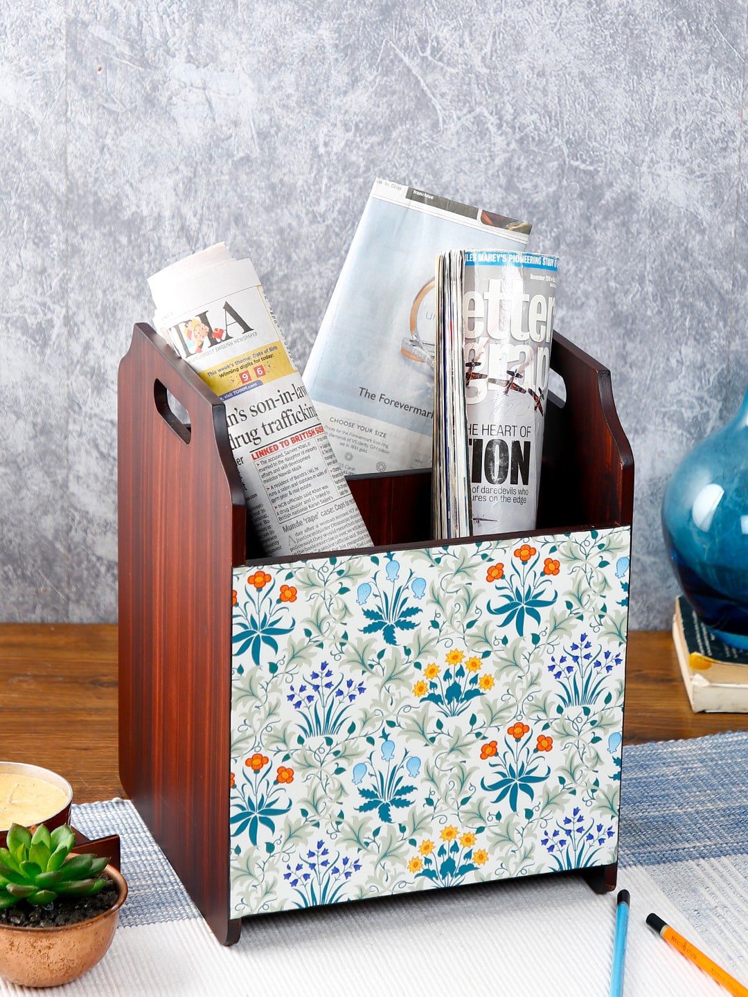 

Reinvention Factory Brown And Blue Printed Rosewood Finish Magazine Holder