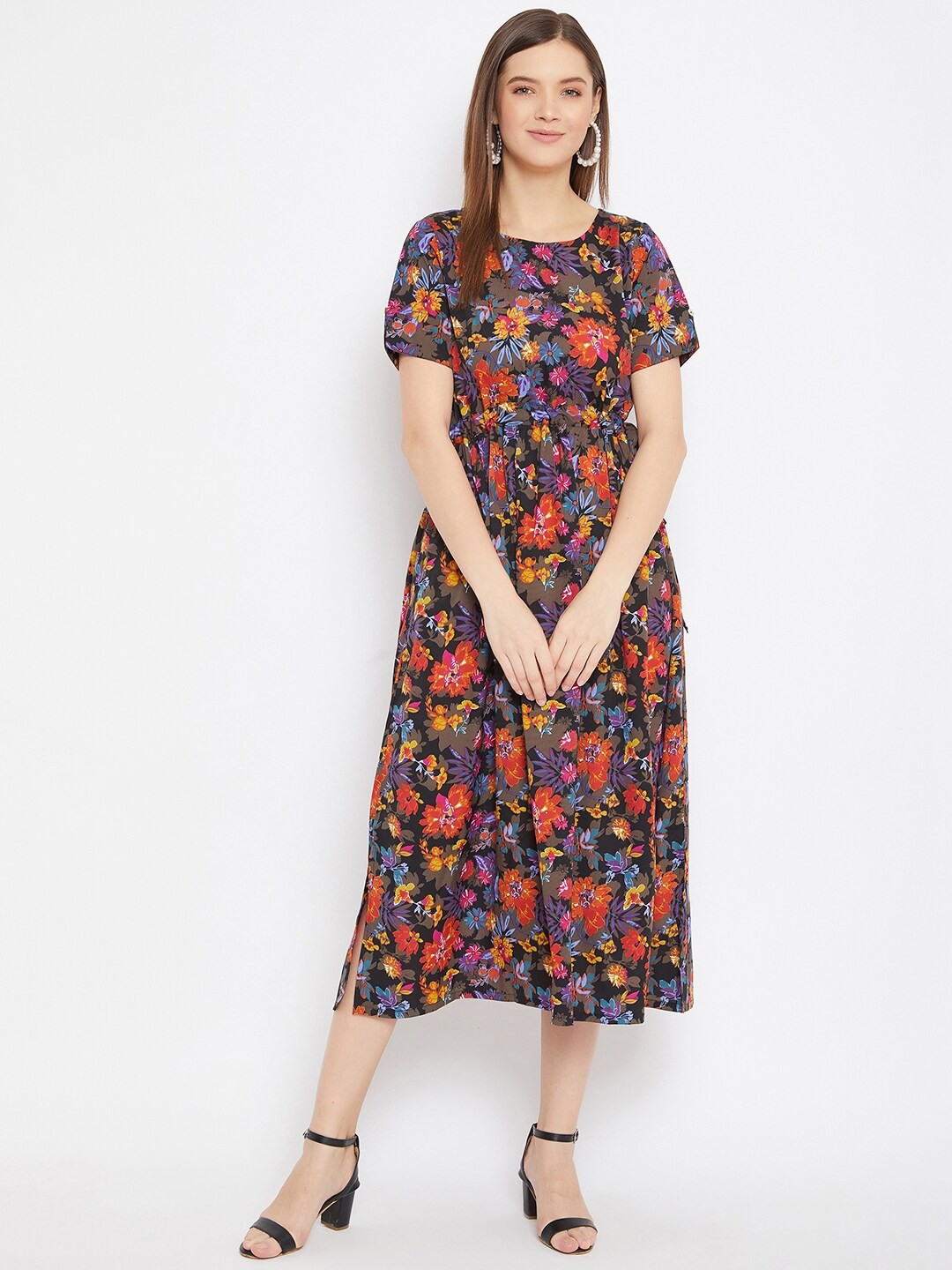 

Bitterlime Women Black & Orange Floral Printed Fit and Flare Dress
