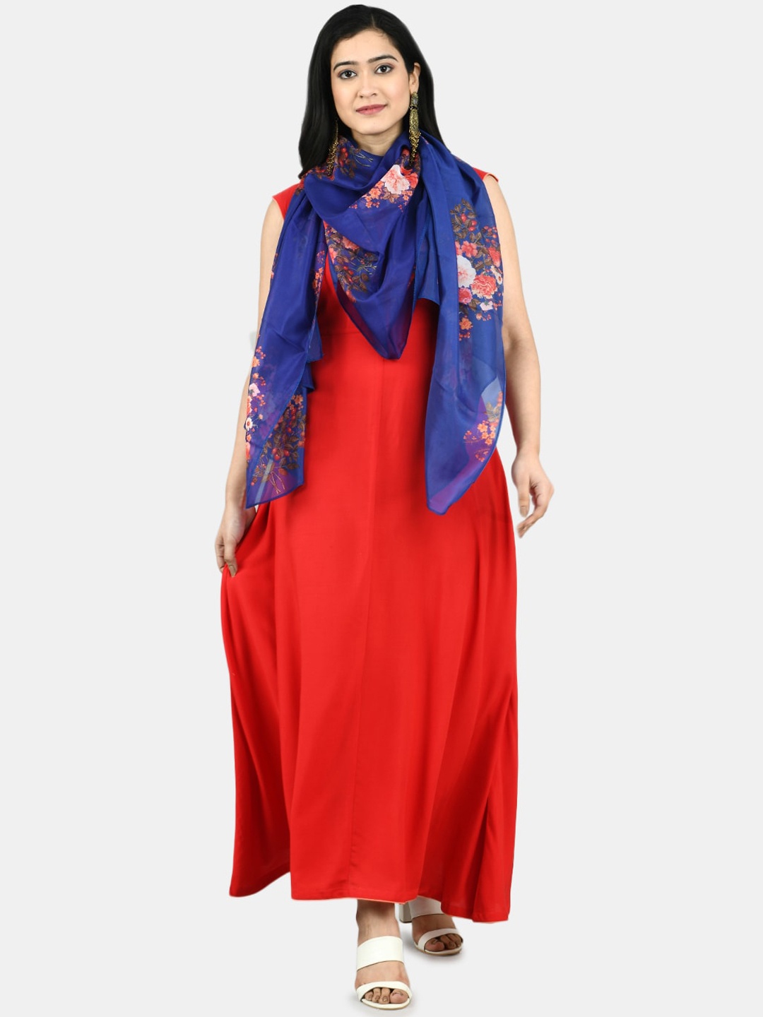 

Myshka Women Red Solid Kurta with Printed Dupatta