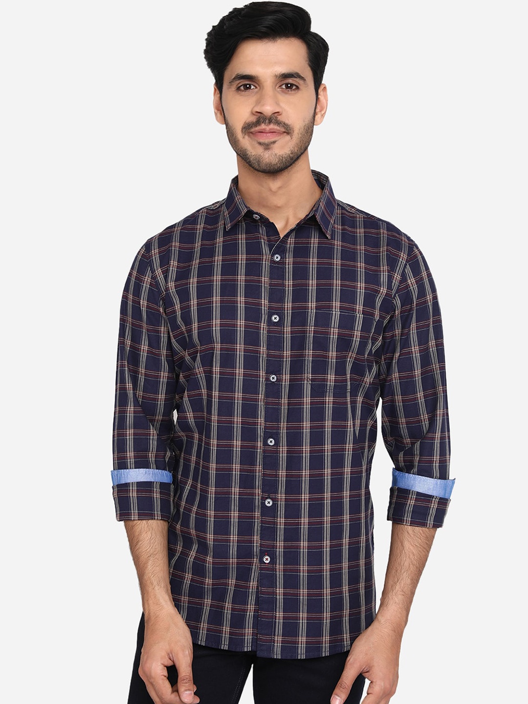 

JADE BLUE Men Blue Slim Fit Checked Pure Cotton Casual Shirt
