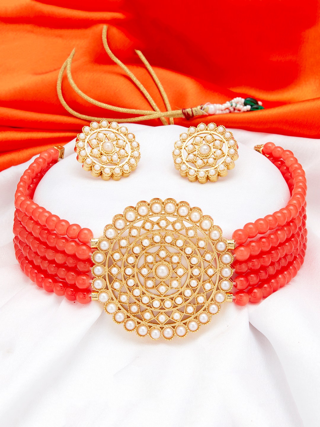 

Sukkhi Gold-Plated Red & White Pearl-Studded Beaded Sustainable Jewellery Set