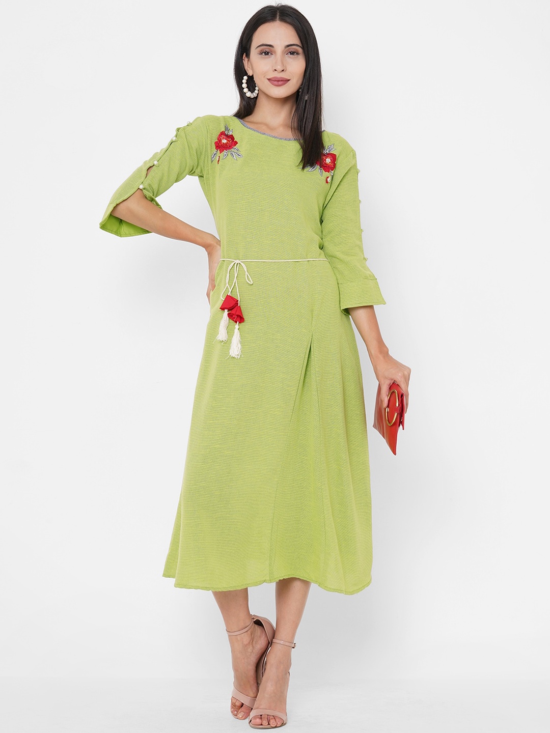 

FASHOR Women Green Embroidered A-Line Dress