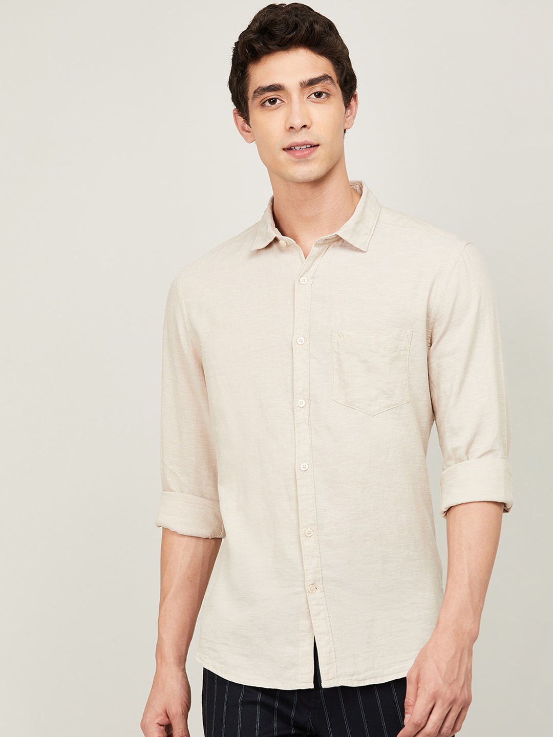 

CODE by Lifestyle Men Beige Regular Fit Solid IRISH R Linen Casual Shirt
