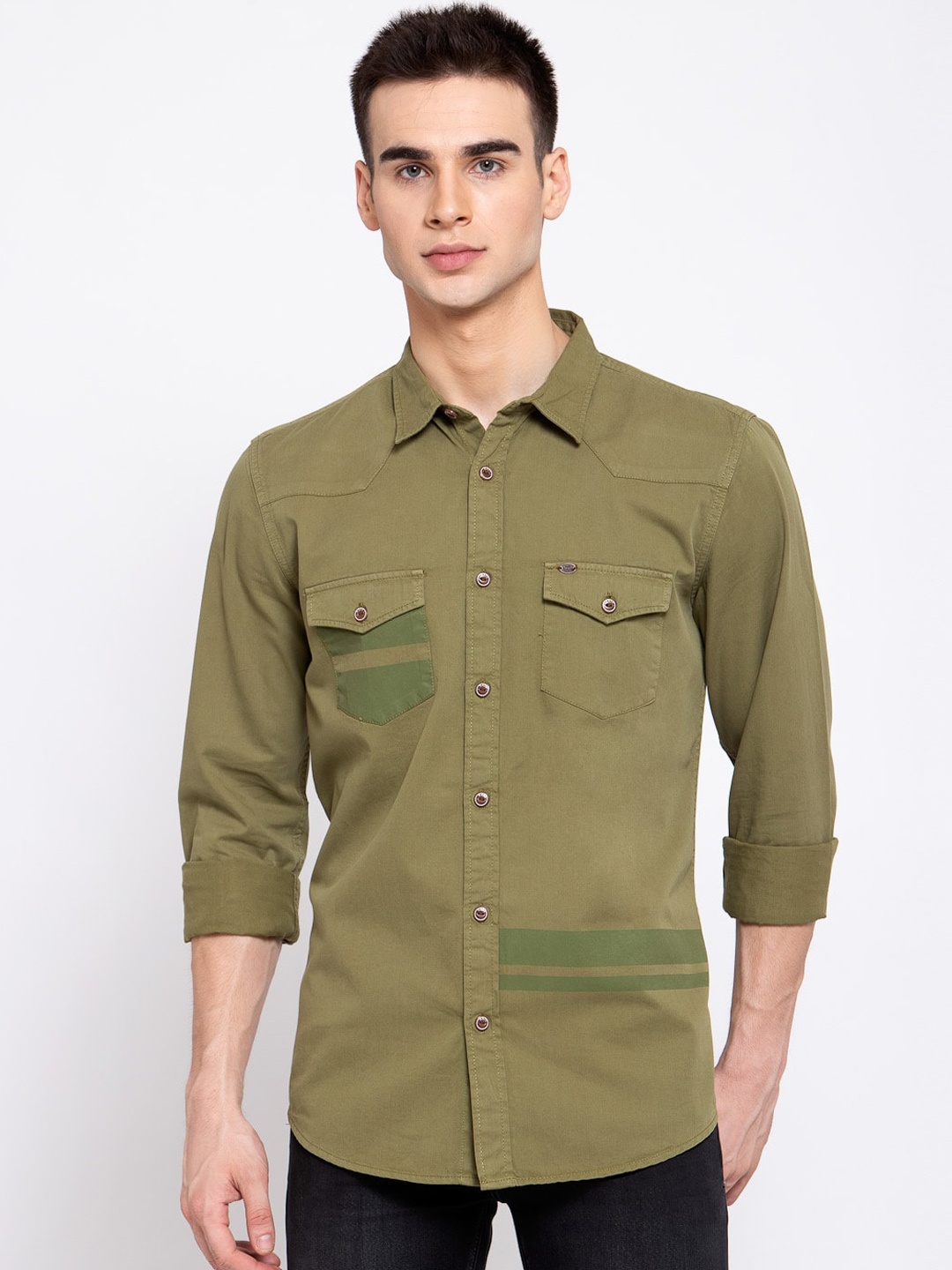 

Pepe Jeans Men Olive Green Pure Cotton Regular Fit Solid Casual Shirt