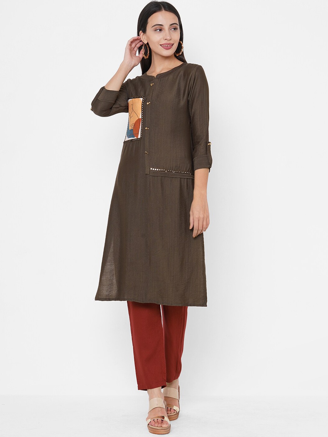 

FASHOR Women Brown Thread Work Kurta