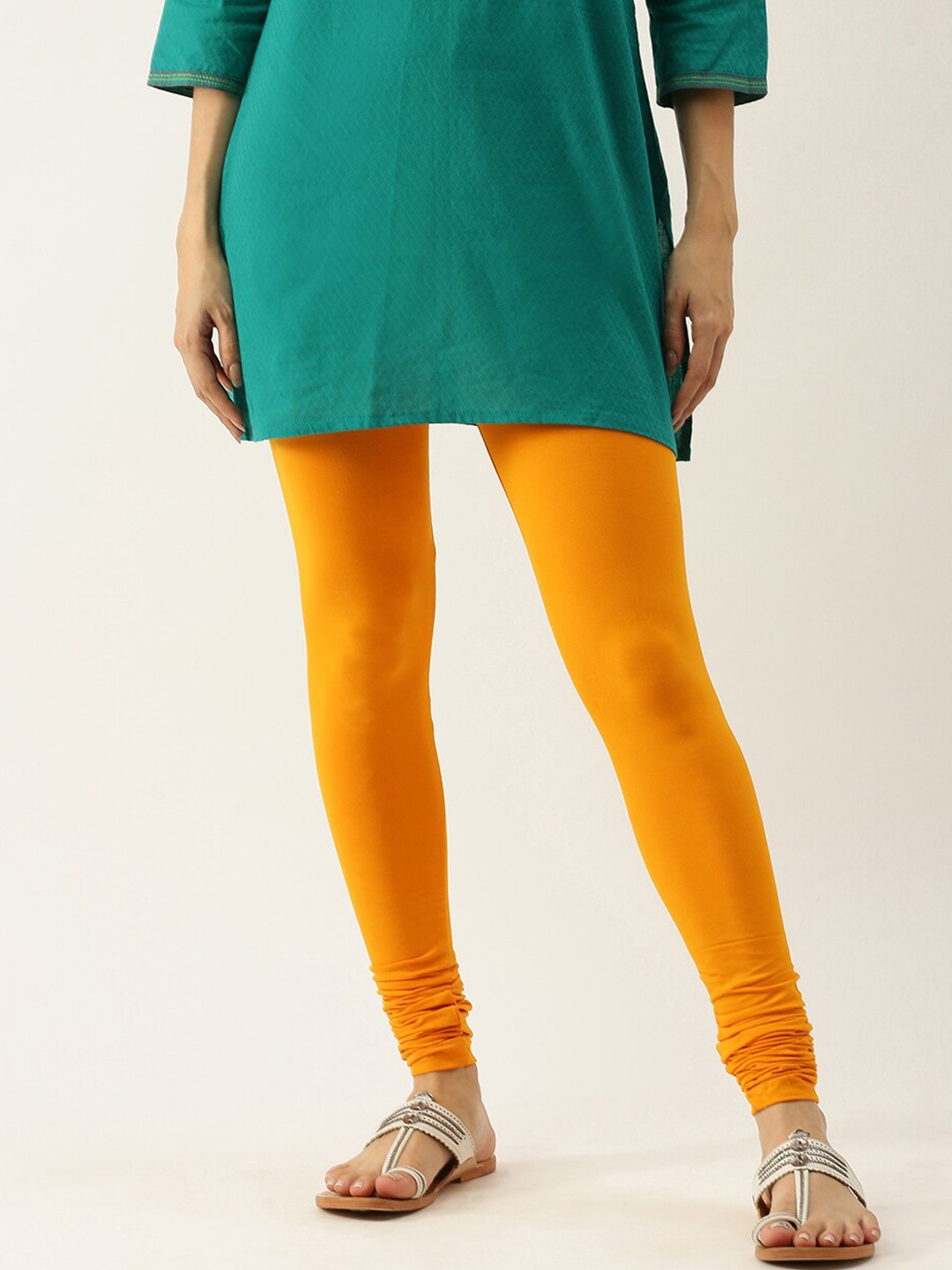 De Moza Women Yellow Solid Churidar-Length Leggings