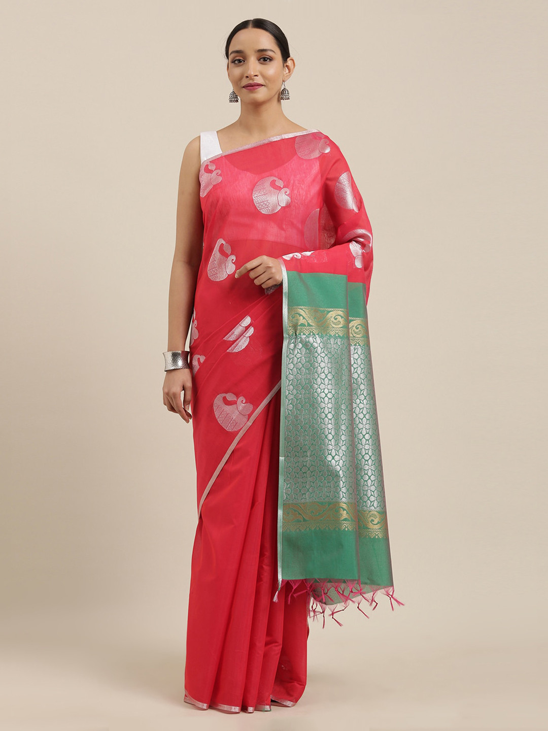 

The Chennai Silks Red & Green Silk Cotton Woven Design Maheshwari Saree
