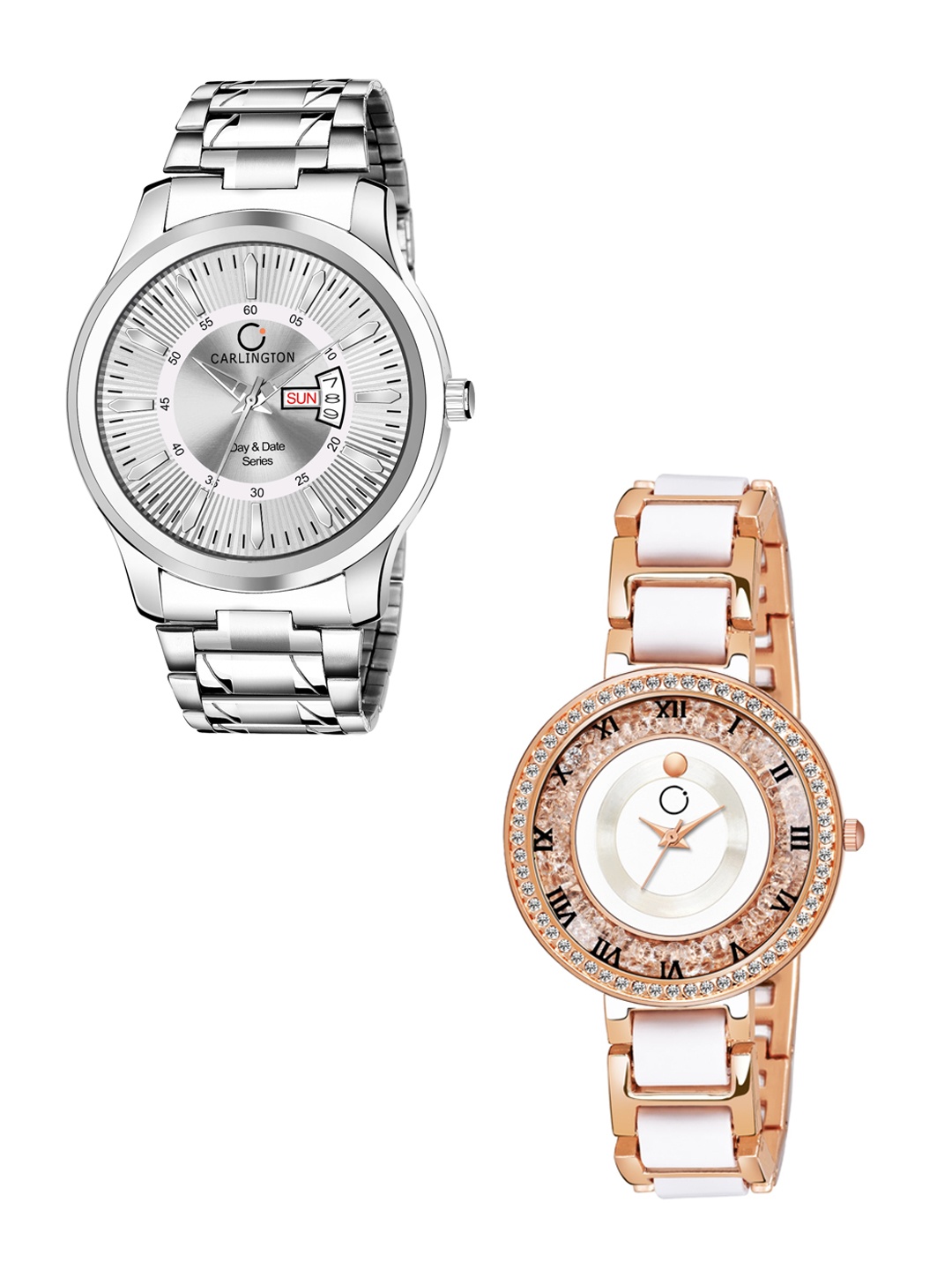 

CARLINGTON Unisex Silver-Toned & Gold-Toned Analogue Watch Combo