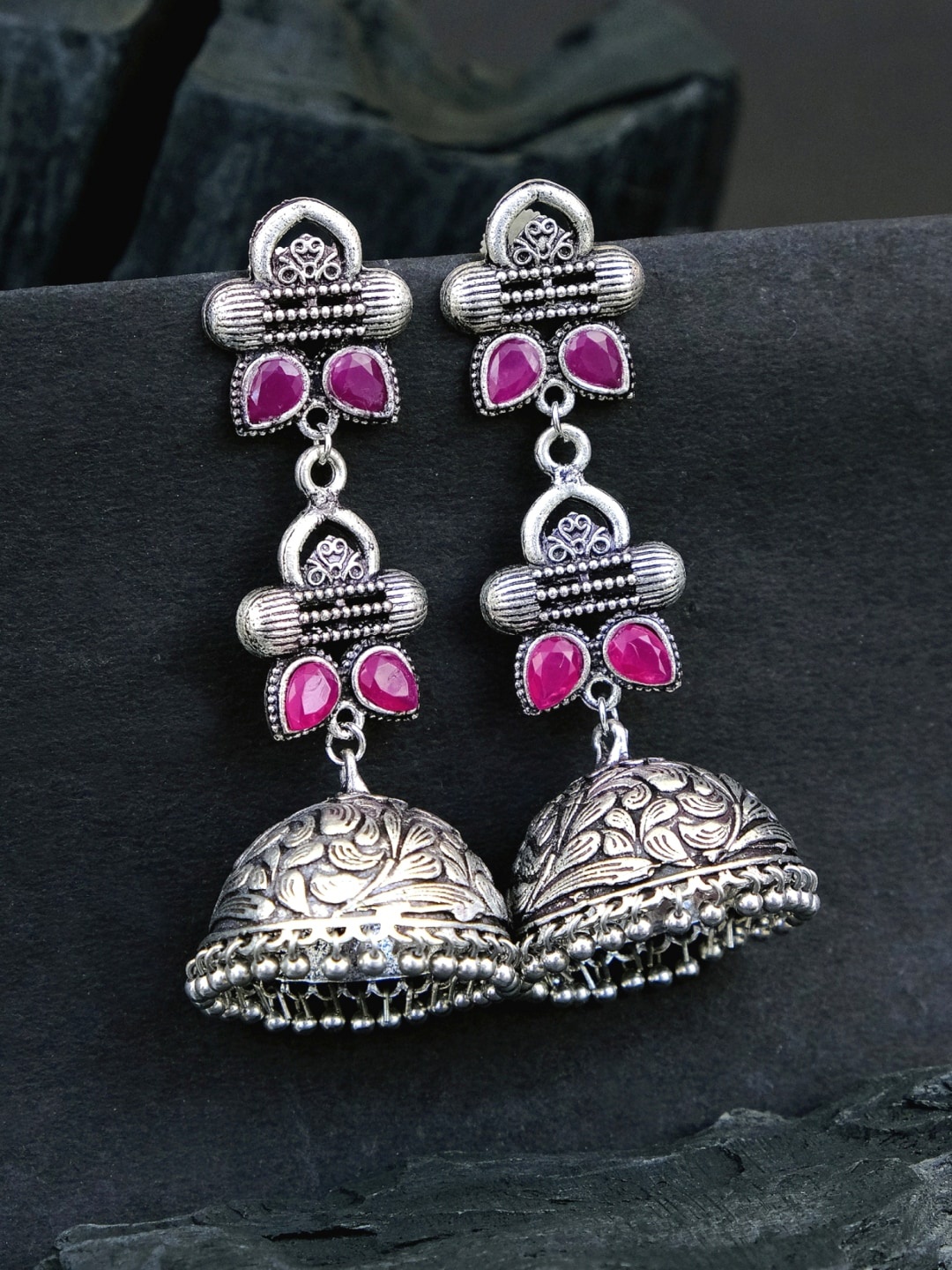 

Crunchy Fashion Oxidized Silver-Plated Pink Studded Dome Shaped Jhumkas